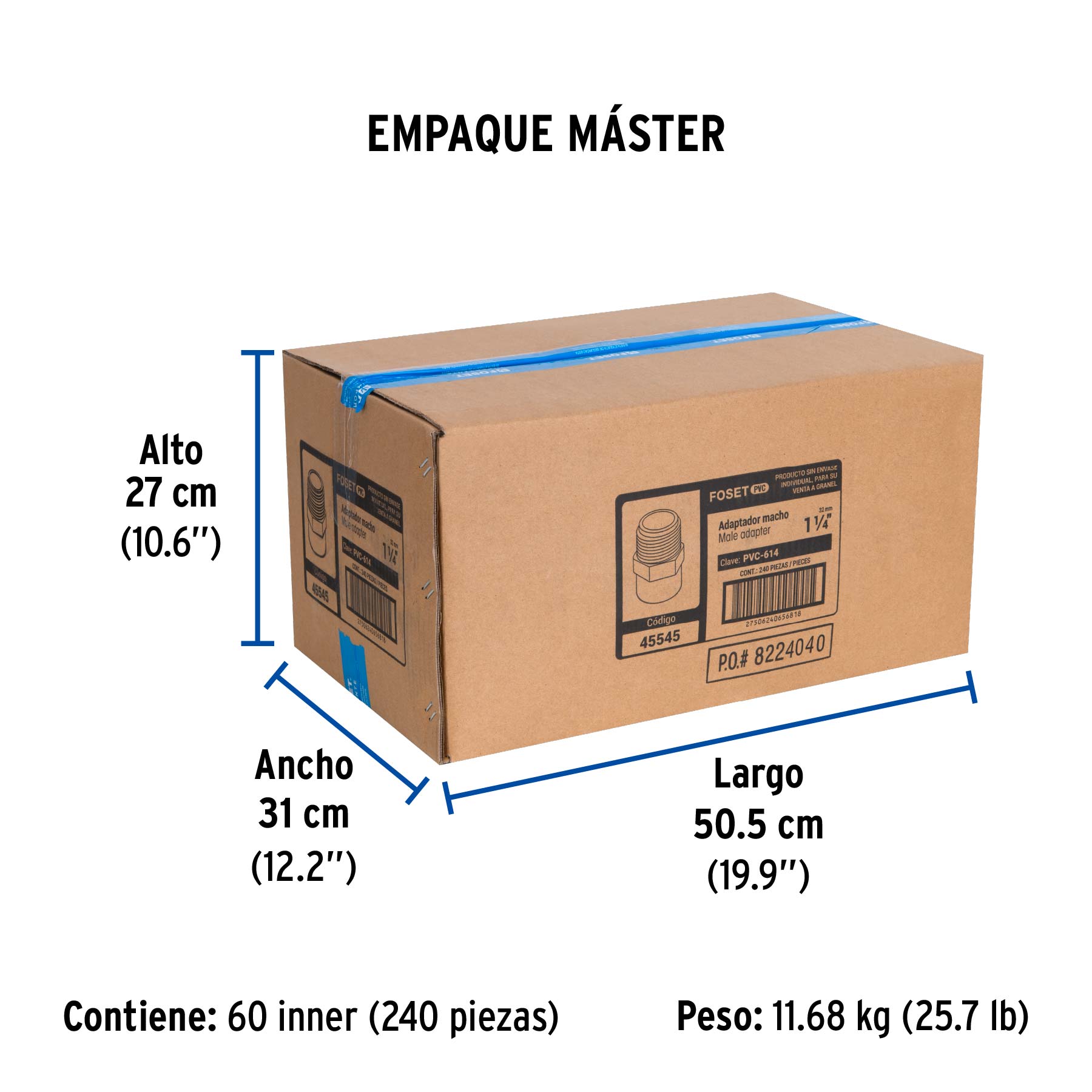 Adaptador macho de PVC de 1-1/4", FOSET - Empaque