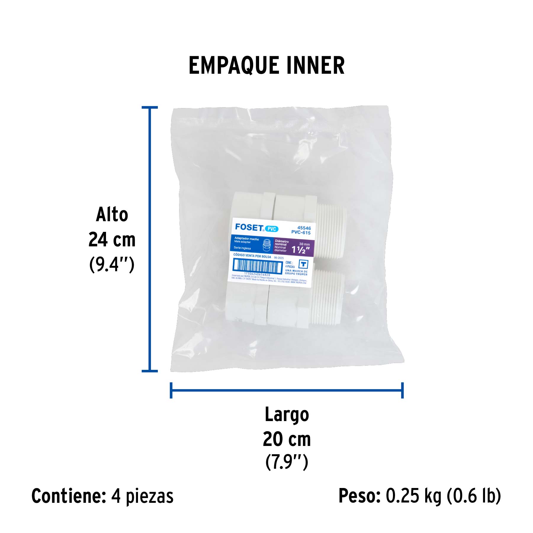 Adaptador macho de PVC de 1-1/2", FOSET - Empaque