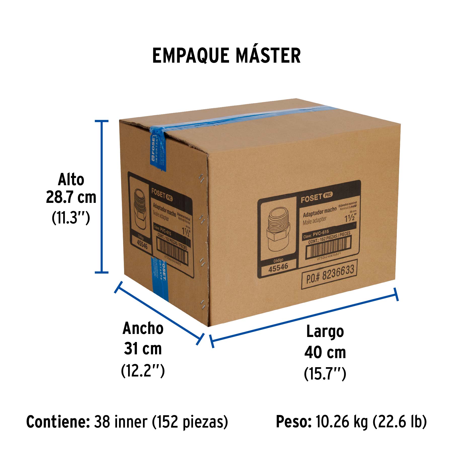 Adaptador macho de PVC de 1-1/2", FOSET - Empaque