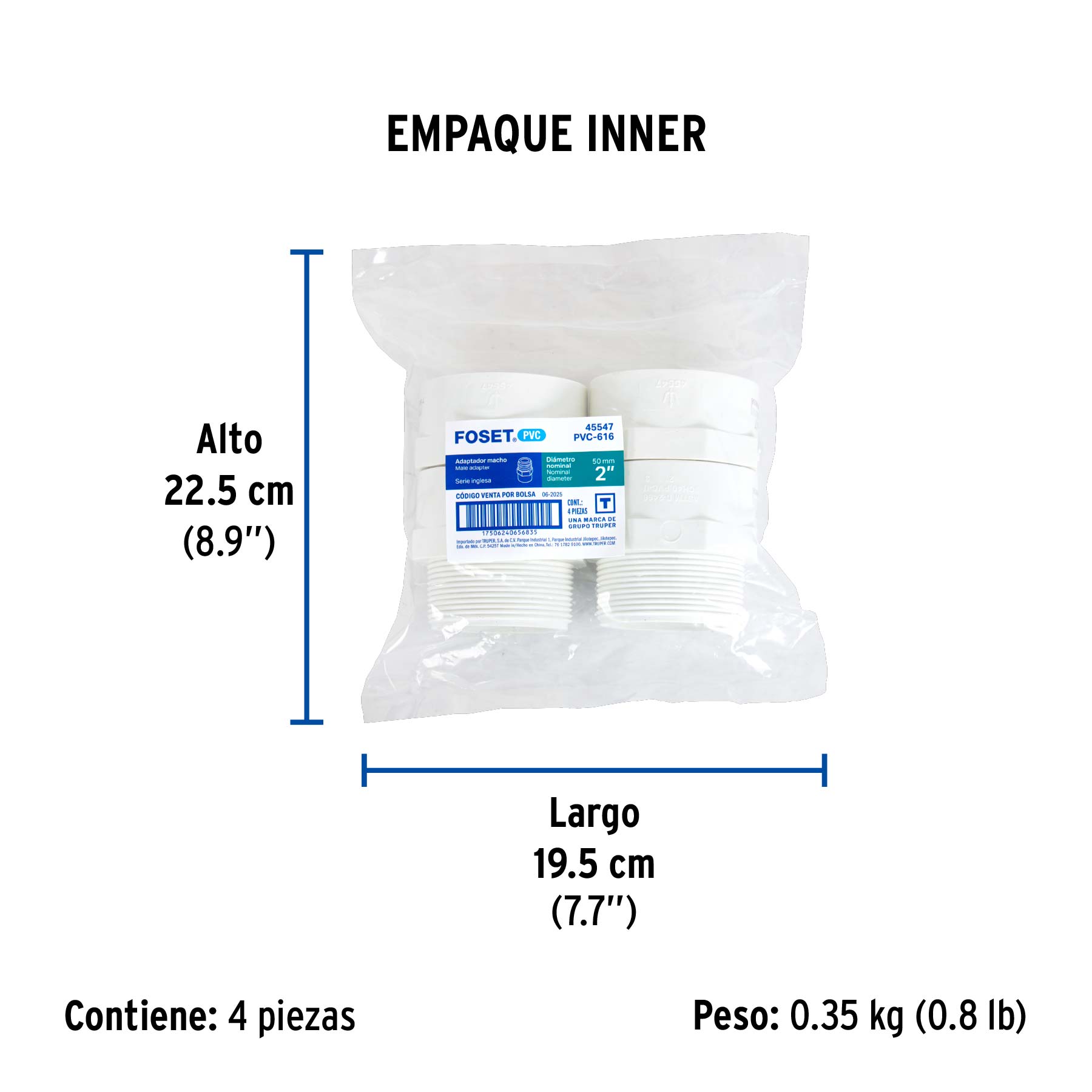 Adaptador macho de PVC de 2", FOSET - Empaque