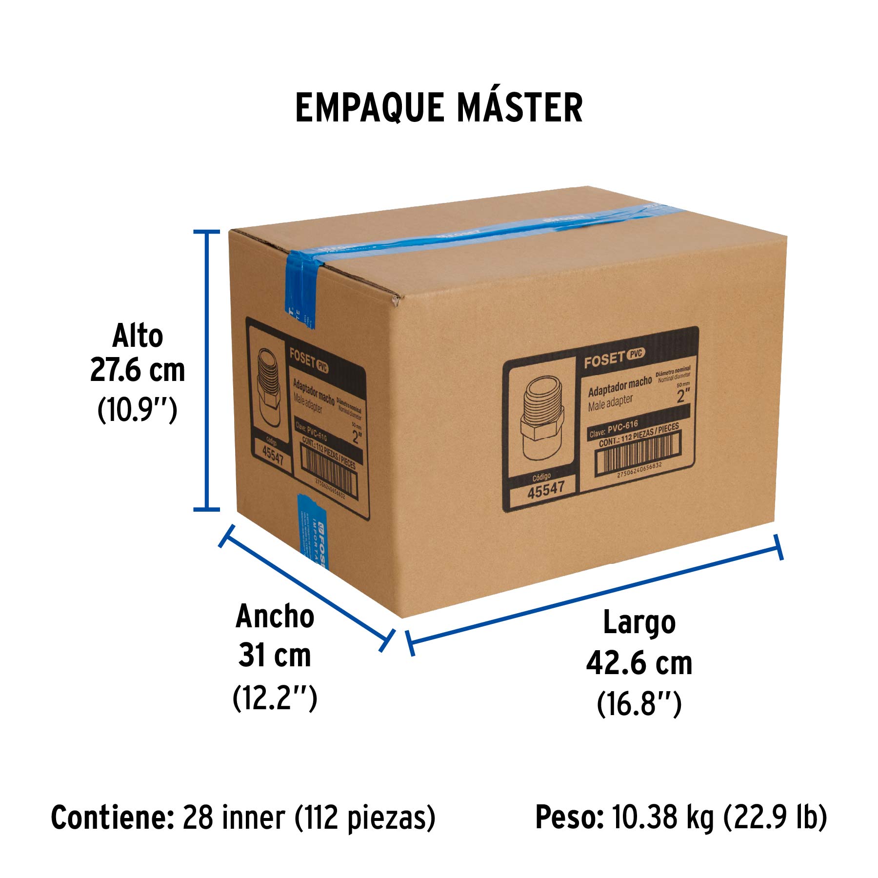 Adaptador macho de PVC de 2", FOSET - Empaque