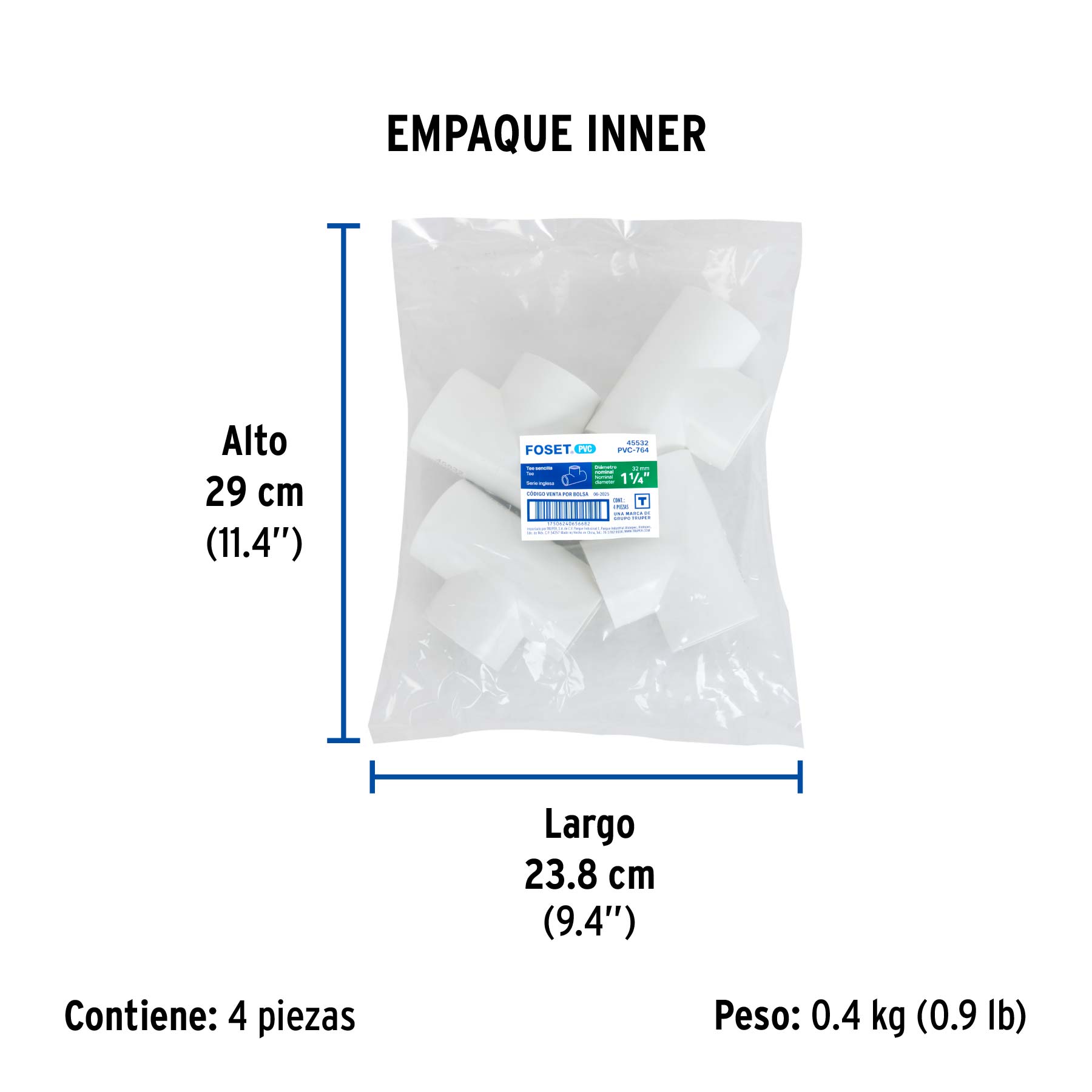 Tee sencilla de PVC 1-1/4", FOSET - Empaque