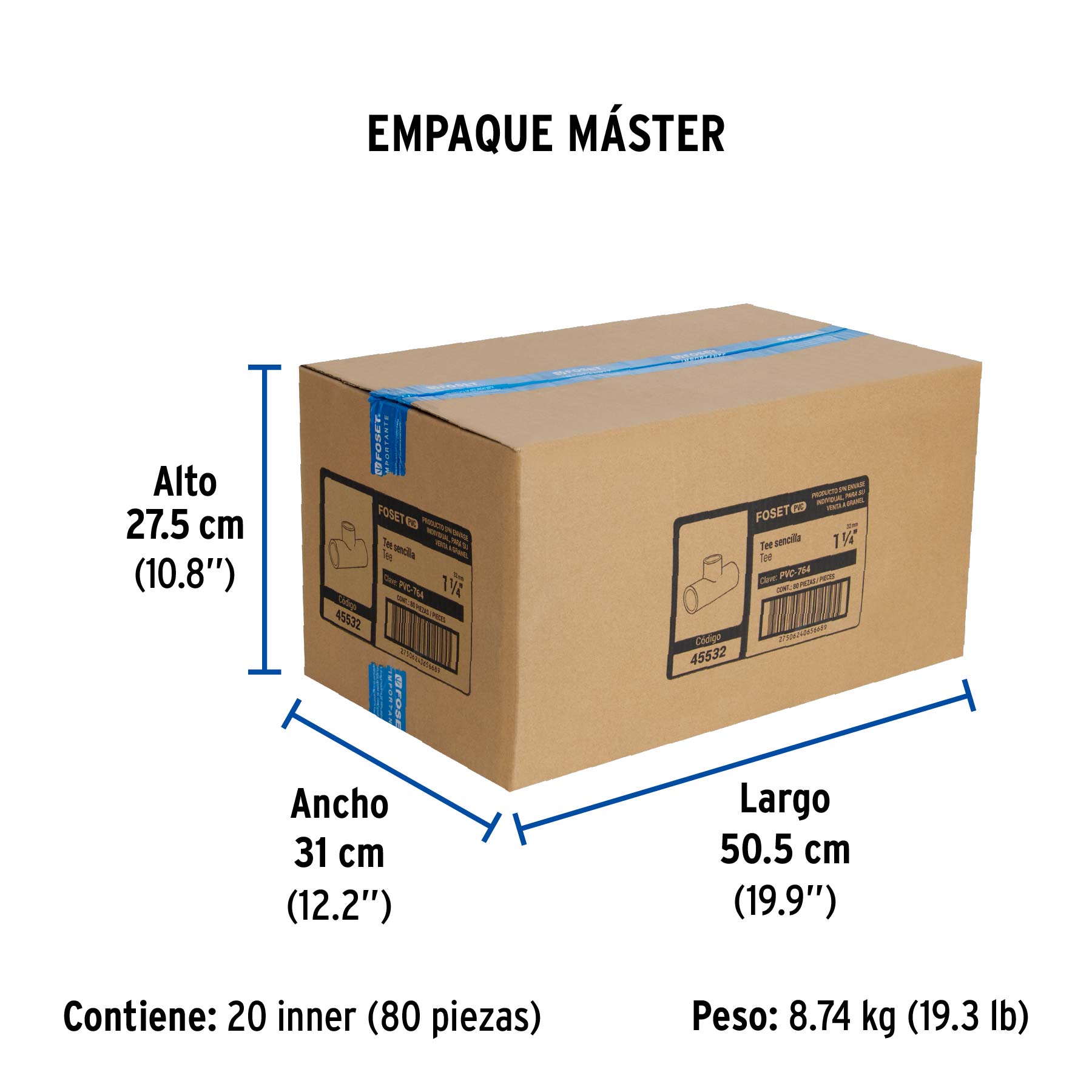 Tee sencilla de PVC 1-1/4", FOSET - Empaque