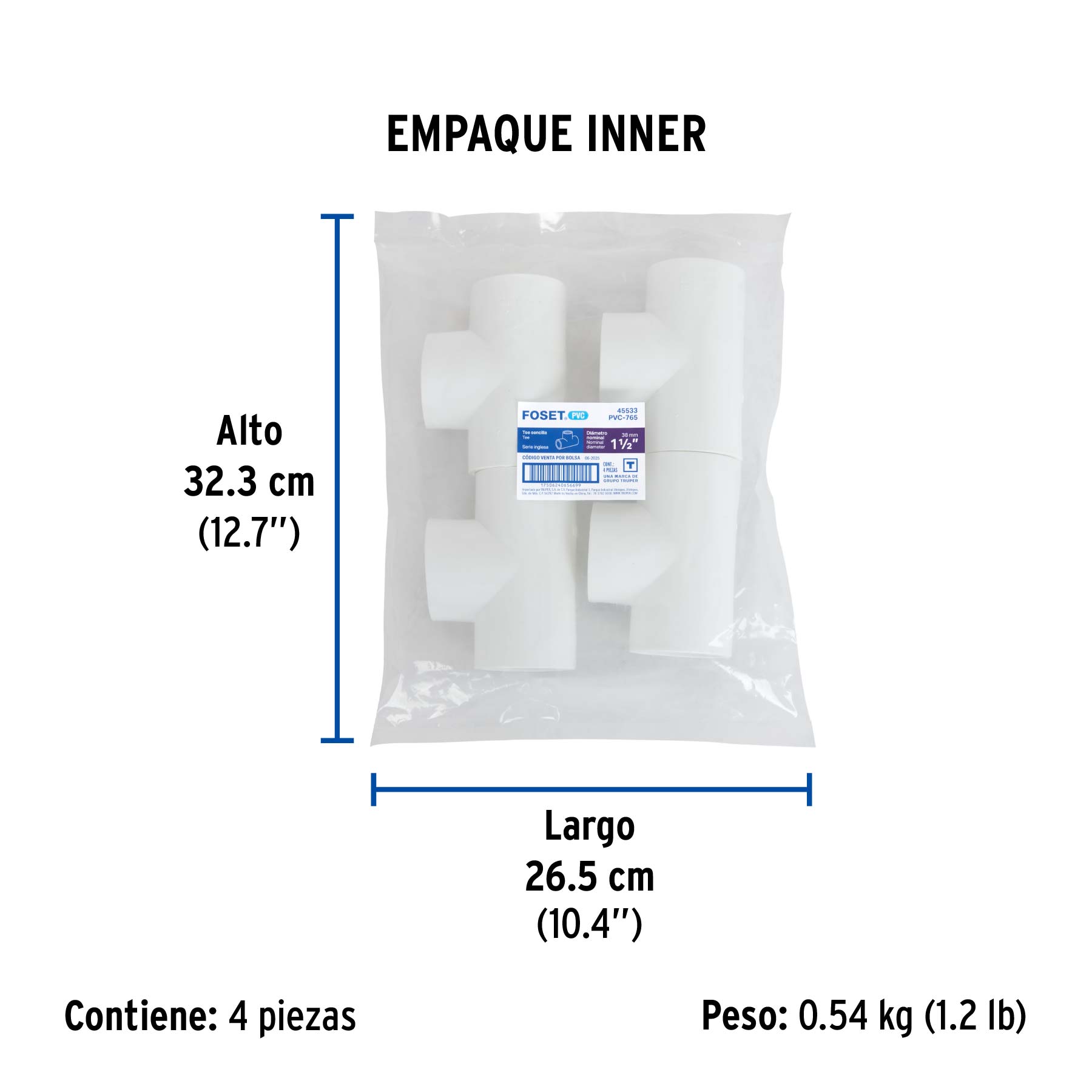 Tee sencilla de PVC 1-1/2", FOSET - Empaque
