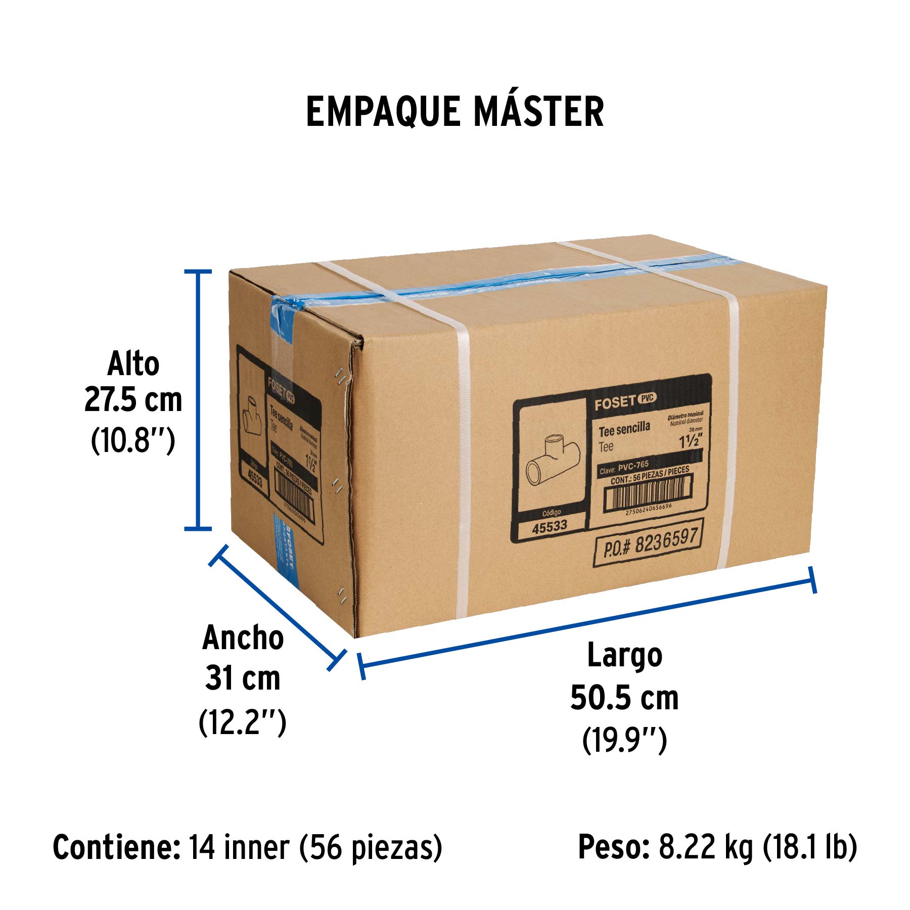 Tee sencilla de PVC 1-1/2", FOSET - Empaque