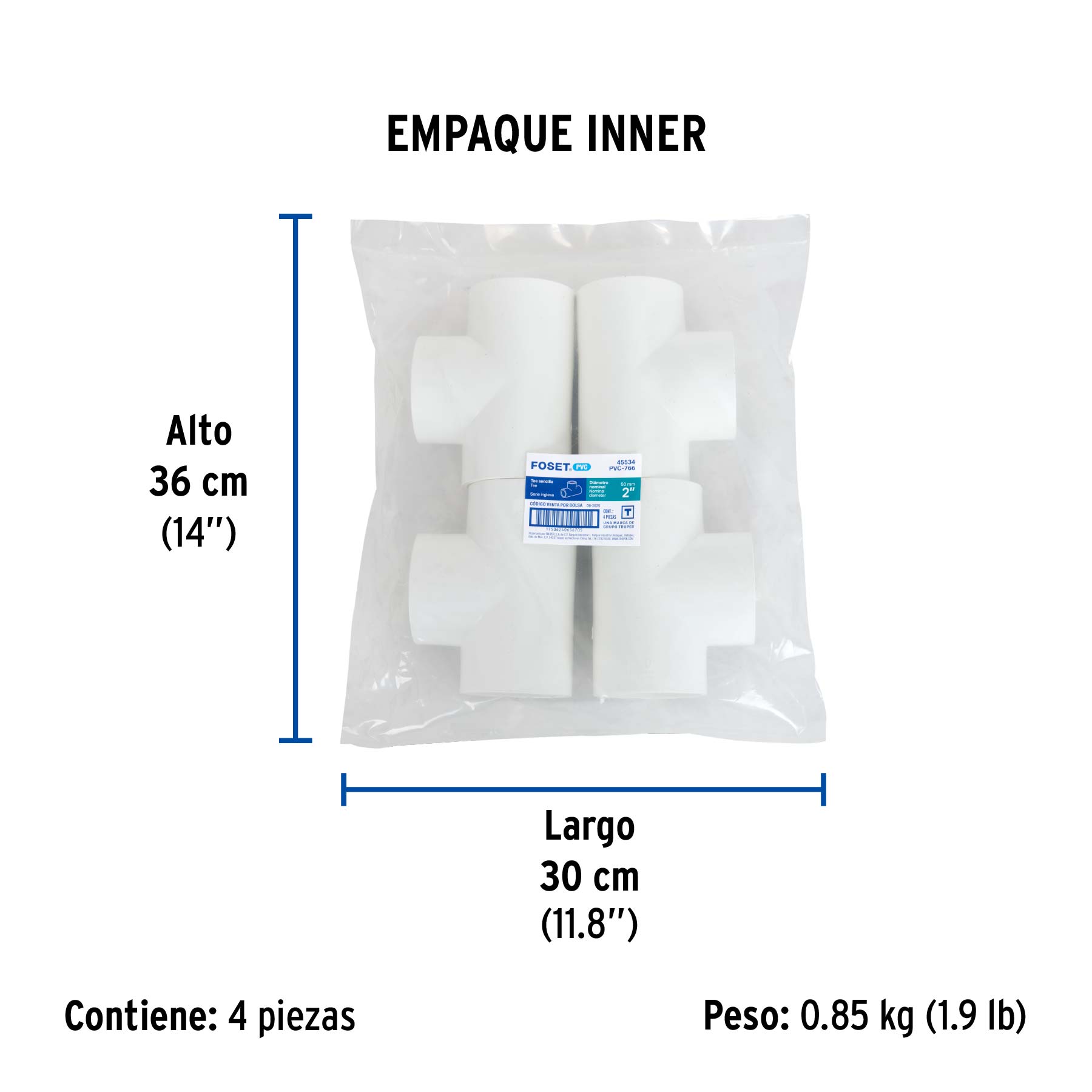 Tee sencilla de PVC 2", FOSET - Empaque