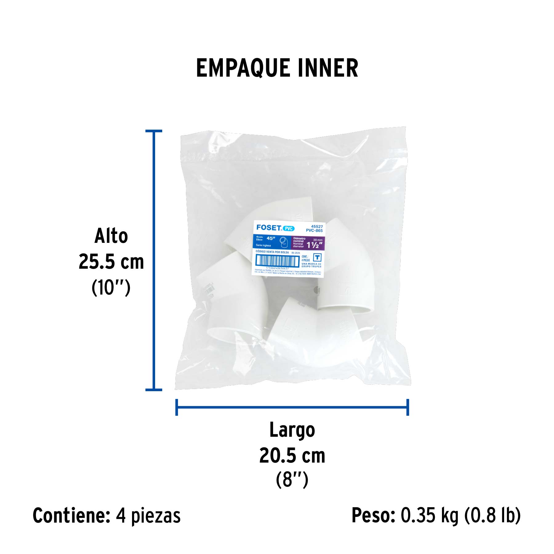 Codo 45° de PVC de 1-1/2", FOSET - Empaque