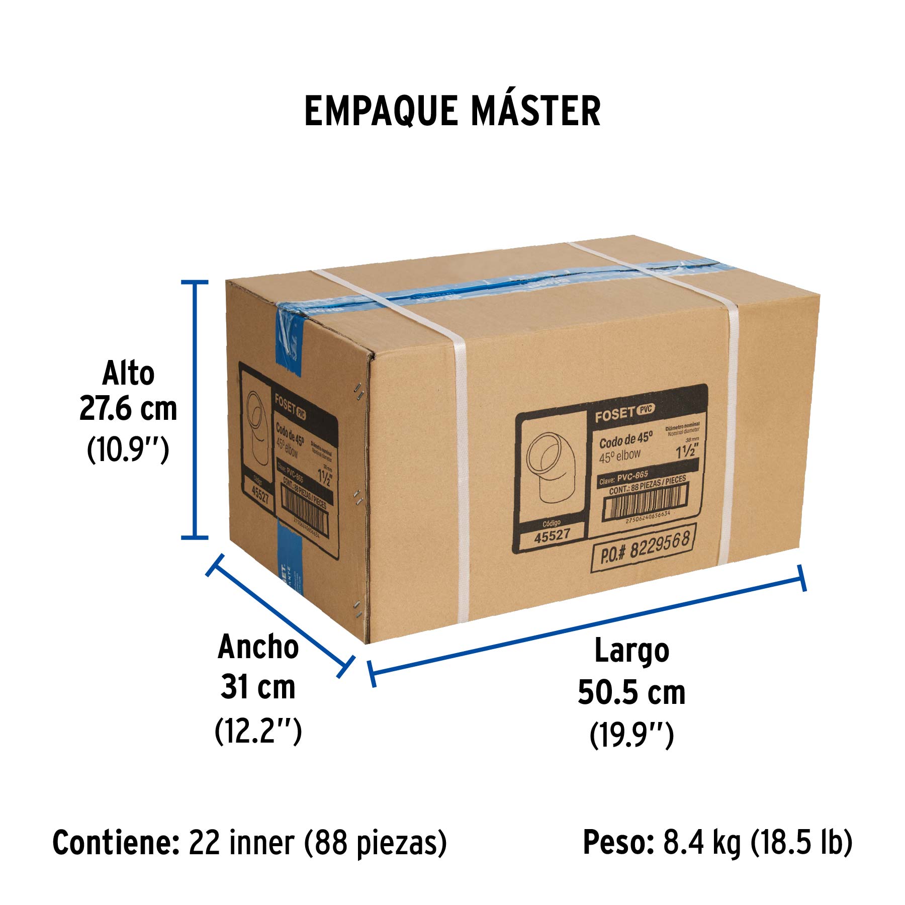 Codo 45° de PVC de 1-1/2", FOSET - Empaque