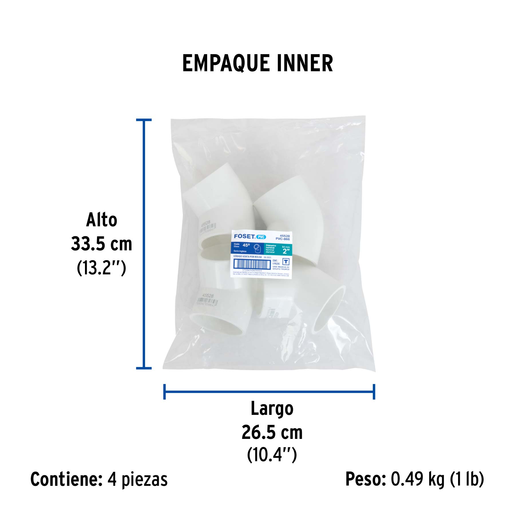 Codo 45° de PVC de 2", FOSET - Empaque
