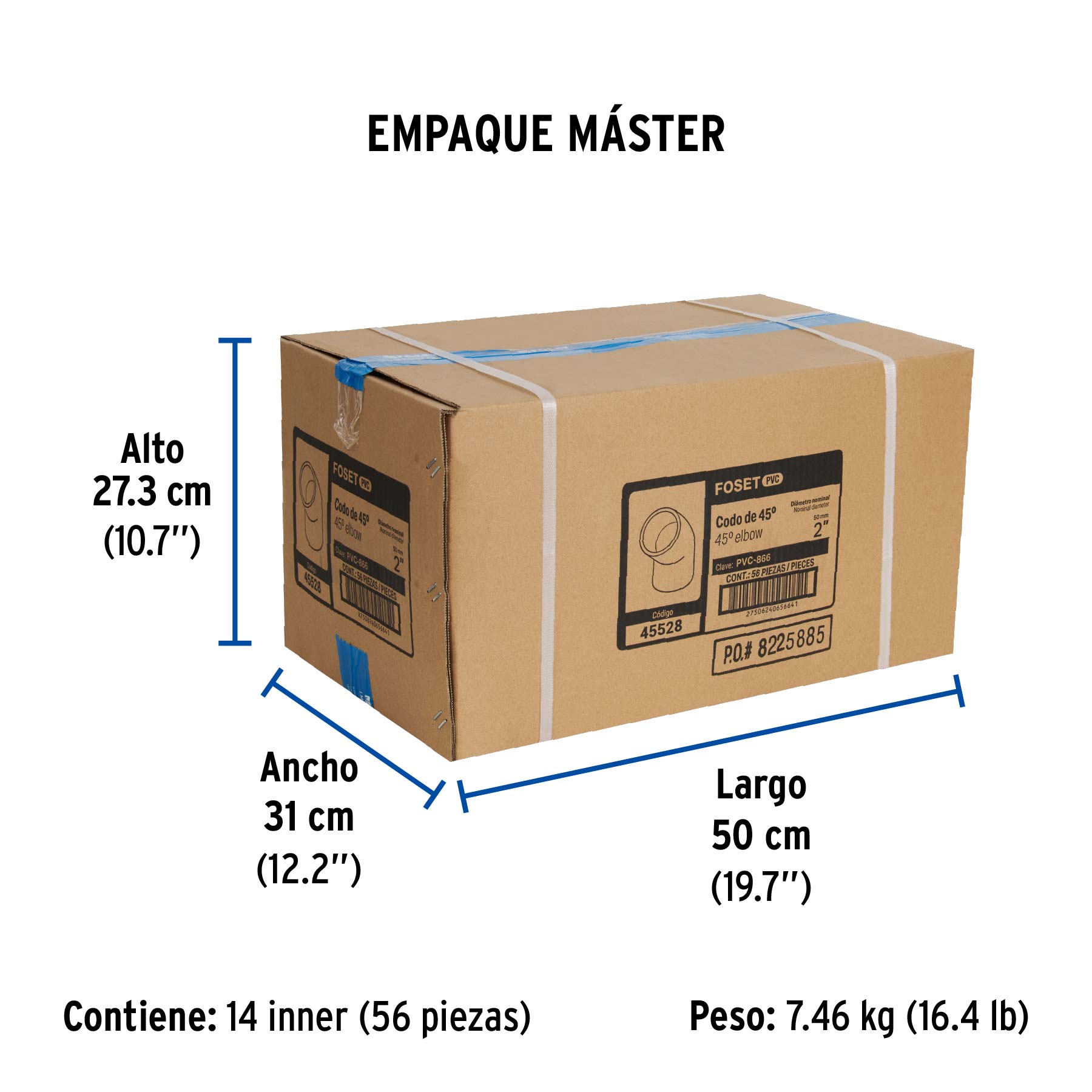 Codo 45° de PVC de 2", FOSET - Empaque