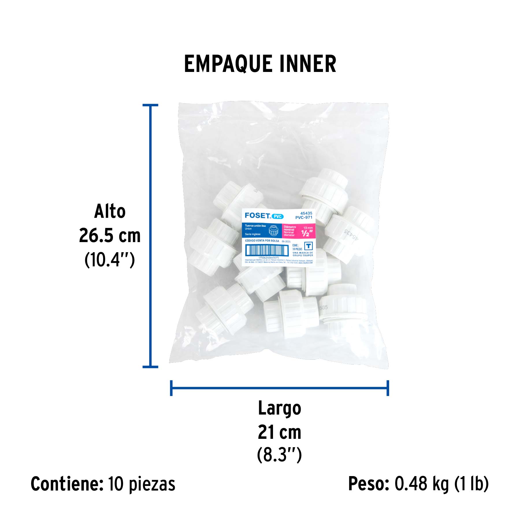 Tuerca unión lisa de PVC 1/2", FOSET - Empaque