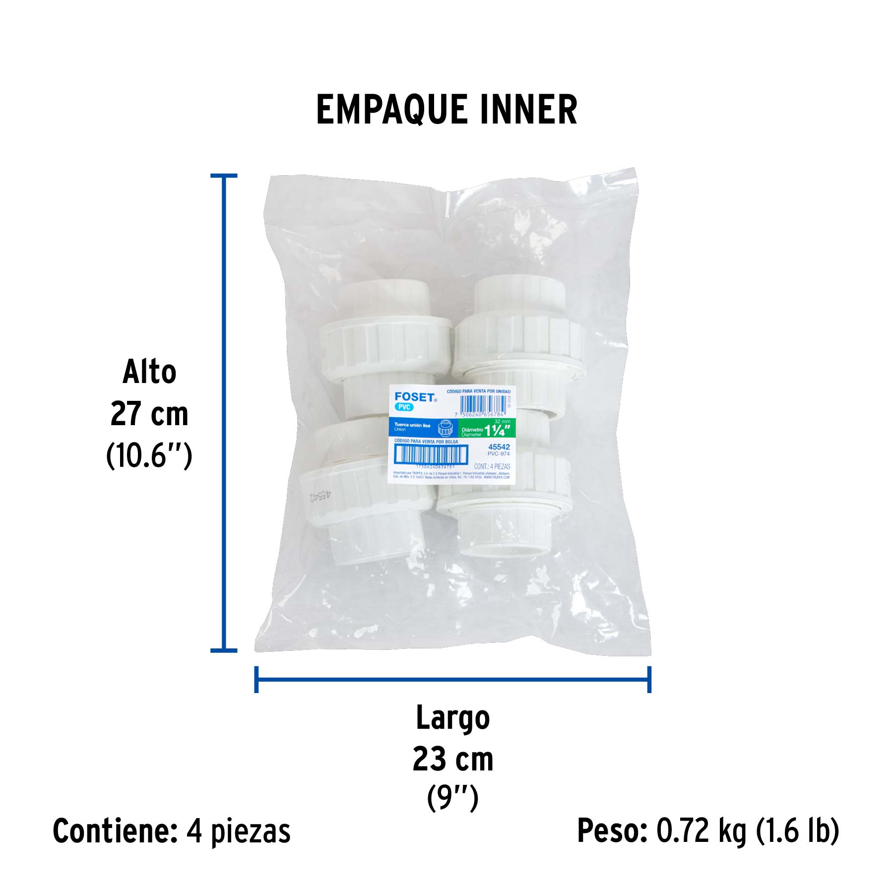 Tuerca unión lisa de PVC 1-1/4", FOSET - Empaque