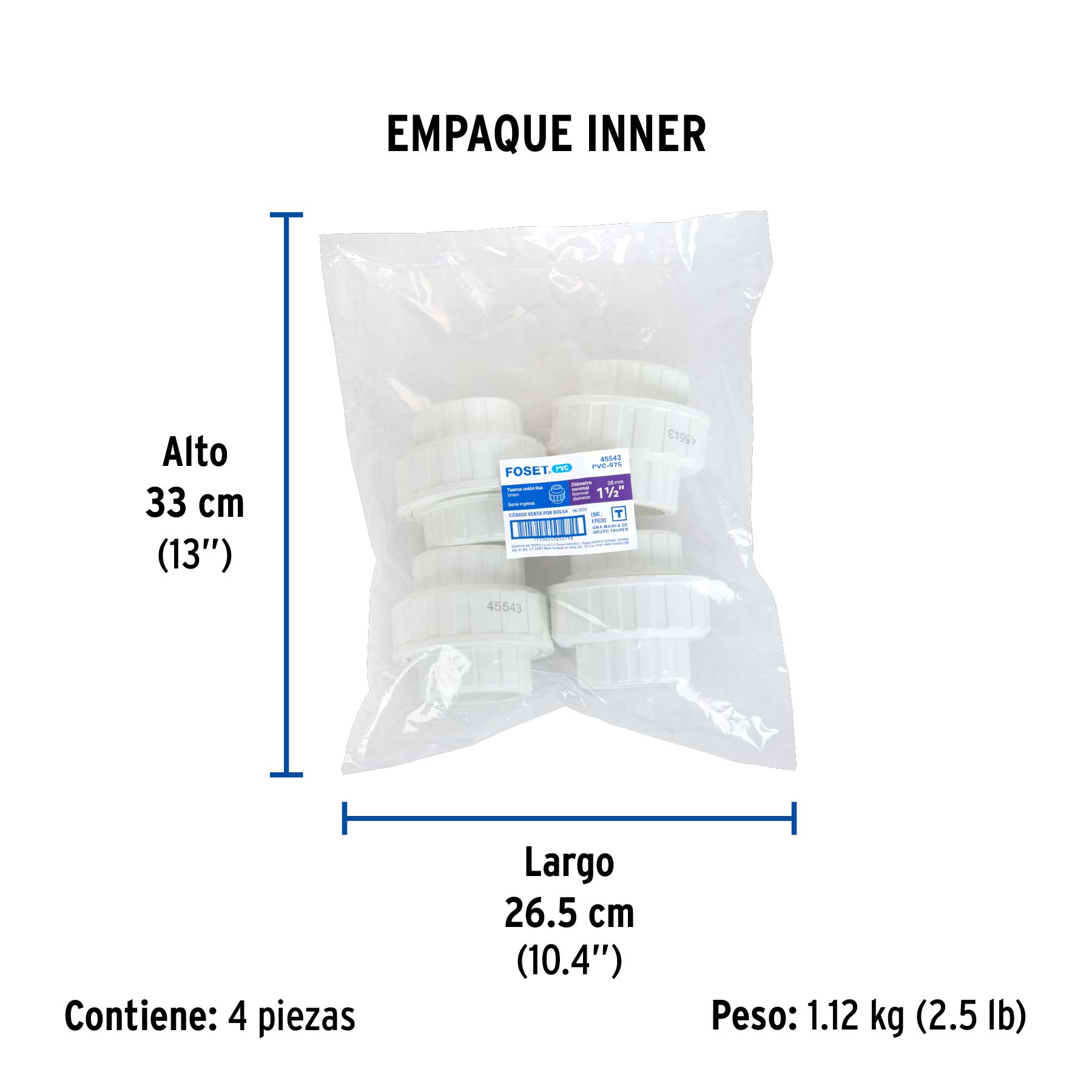Tuerca unión lisa de PVC 1-1/2", FOSET - Empaque