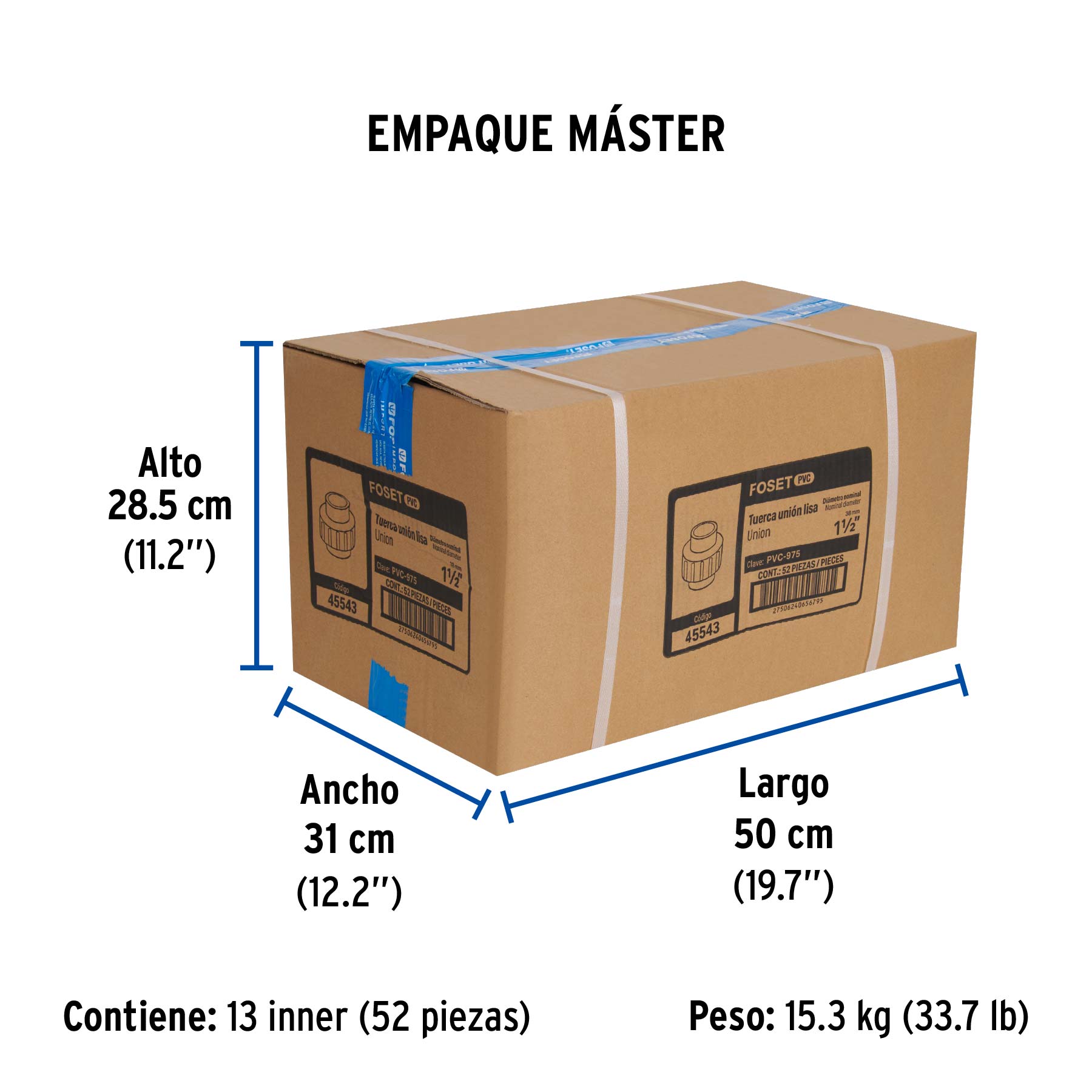 Tuerca unión lisa de PVC 1-1/2", FOSET - Empaque