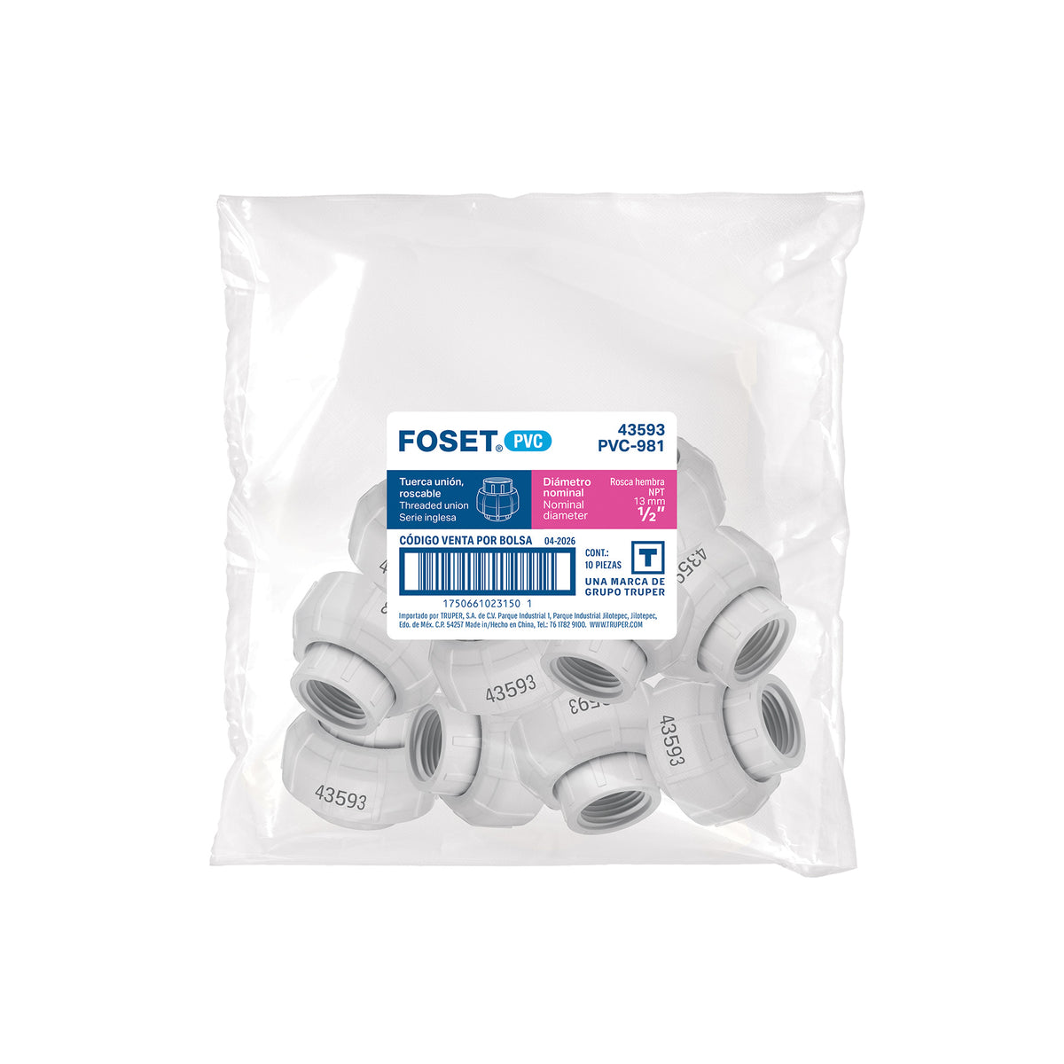 Tuerca unión roscable de PVC 1/2", FOSET
