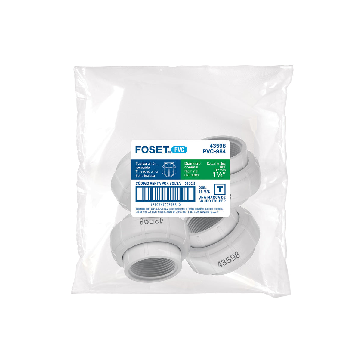 Tuerca unión roscable de PVC 1-1/4", FOSET