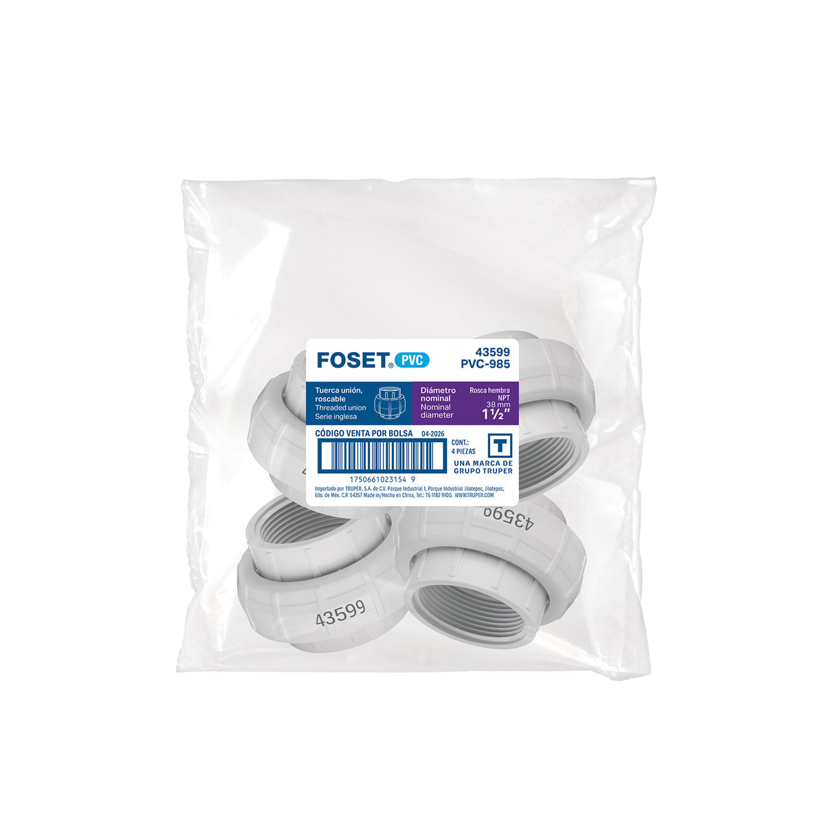 Tuerca unión roscable de PVC 1-1/2", FOSET