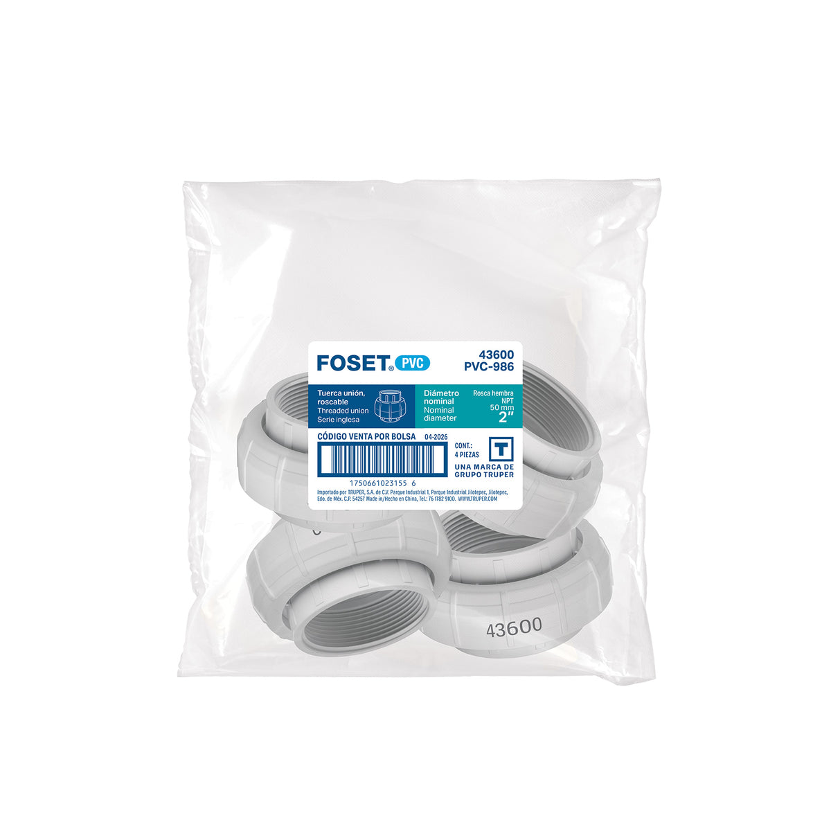 Tuerca unión roscable de PVC 2", FOSET