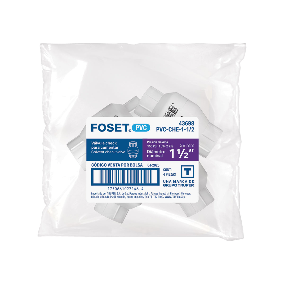 Válvula check de PVC 1-1/2" para cementar, FOSET