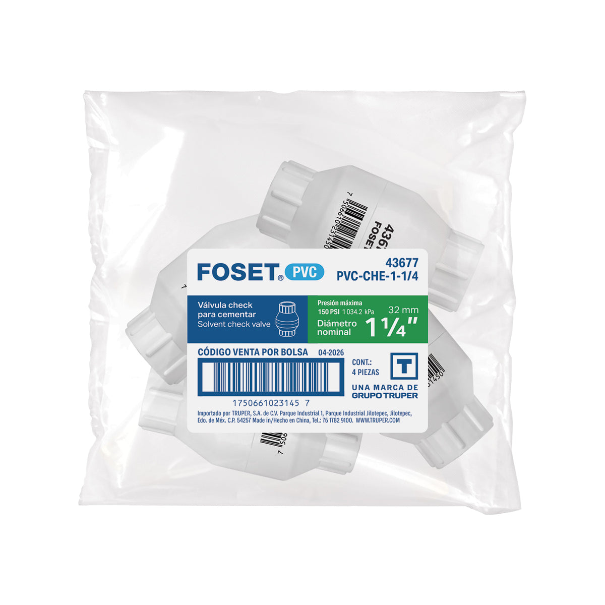 Válvula check de PVC 1-1/4" para cementar, FOSET