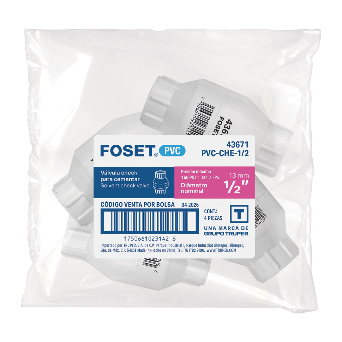 Válvula check de PVC 1/2" para cementar, FOSET