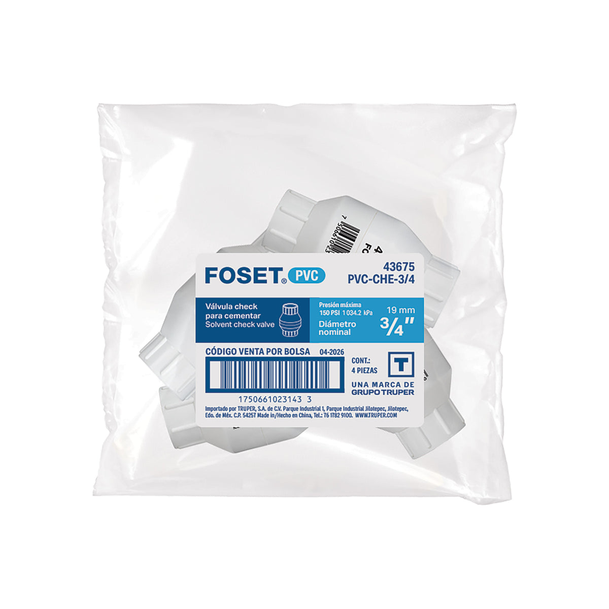 Válvula check de PVC 3/4" para cementar, FOSET