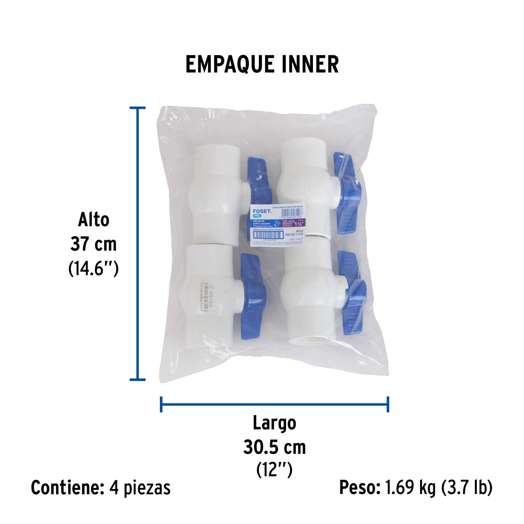 Válvula esfera de PVC 1-1/2" roscable, FOSET - Empaque