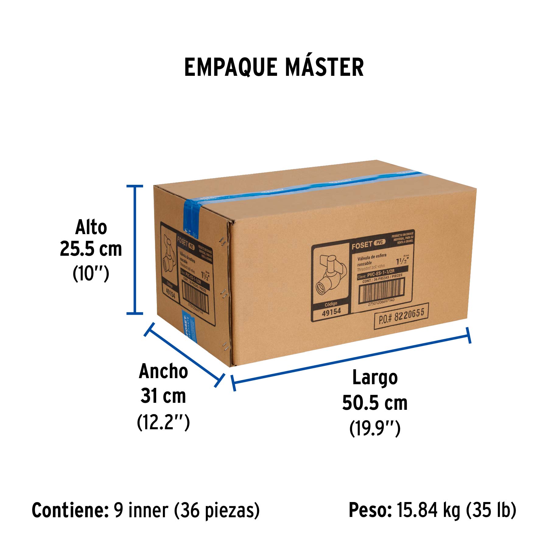 Válvula esfera de PVC 1-1/2" roscable, FOSET - Empaque