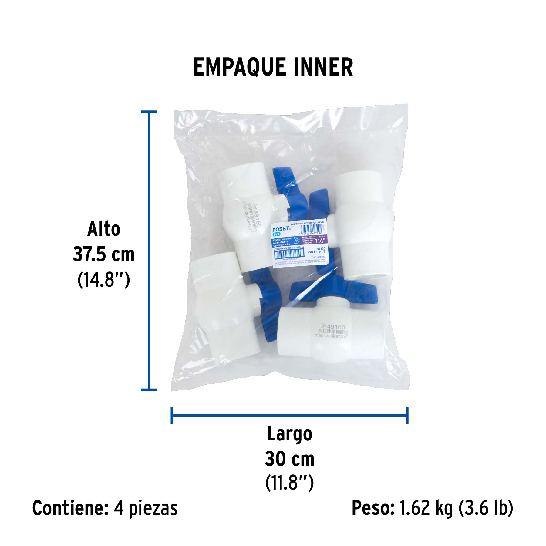 Válvula de esfera de PVC 1 1/2" para cementar, FOSET - Empaque