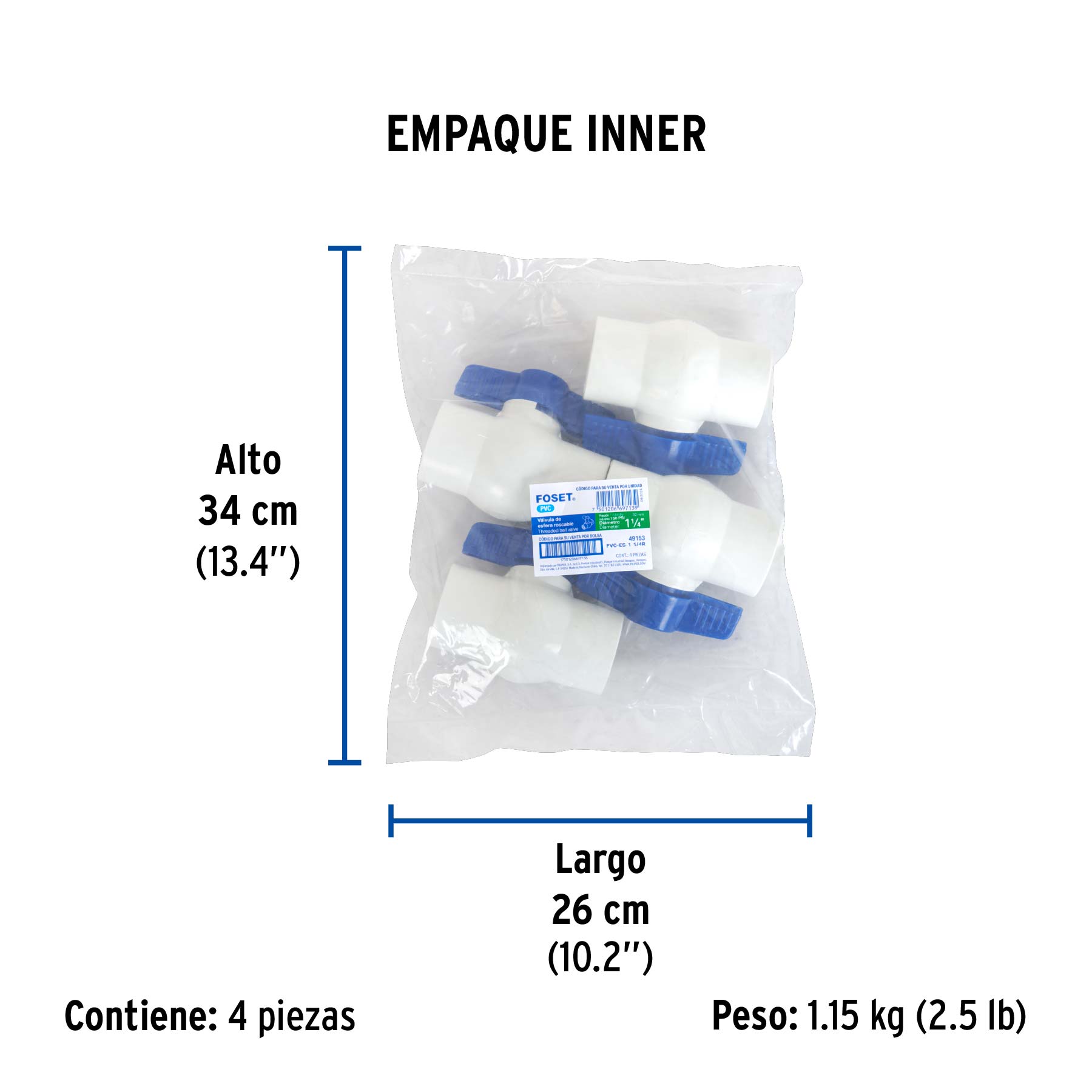Válvula esfera de PVC 1-1/4" roscable, FOSET - Empaque