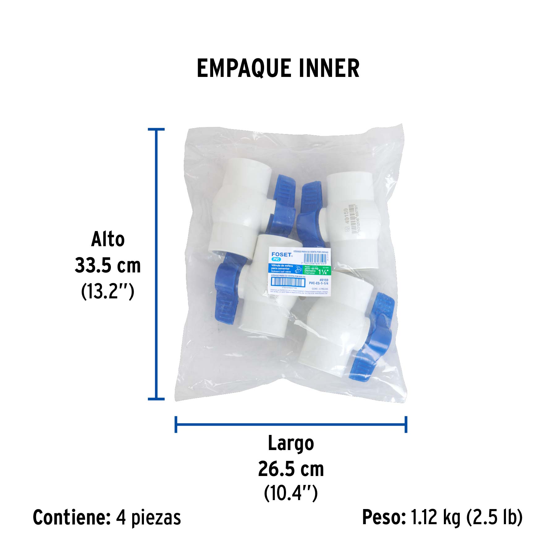 Válvula de esfera de PVC 1 1/4" para cementar, FOSET - Empaque