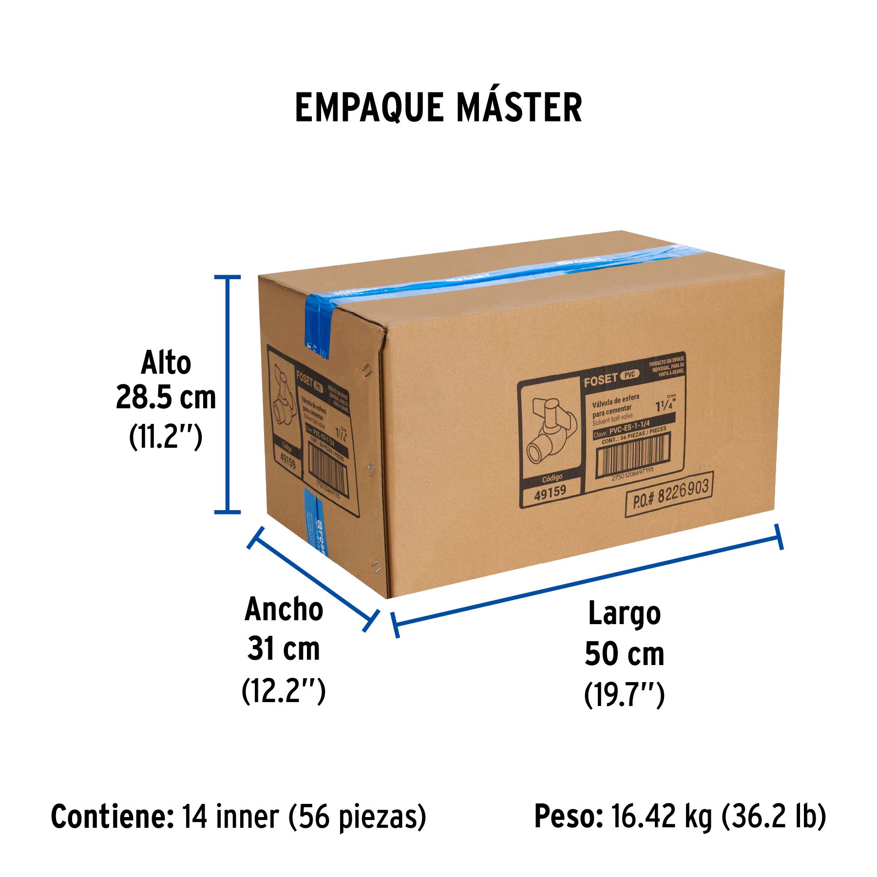 Válvula de esfera de PVC 1 1/4" para cementar, FOSET - Empaque