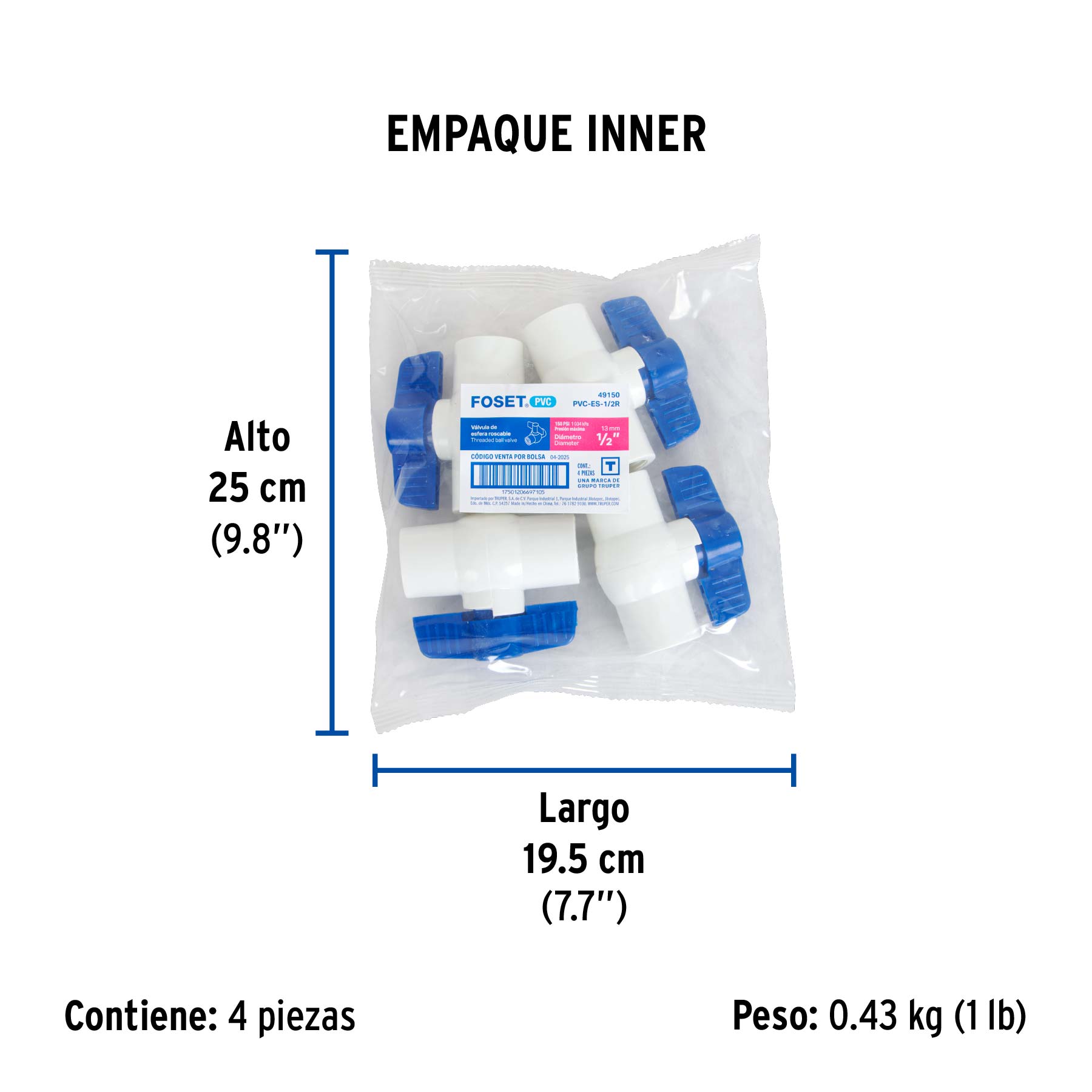 Válvula esfera de PVC 1/2" roscable, FOSET - Empaque