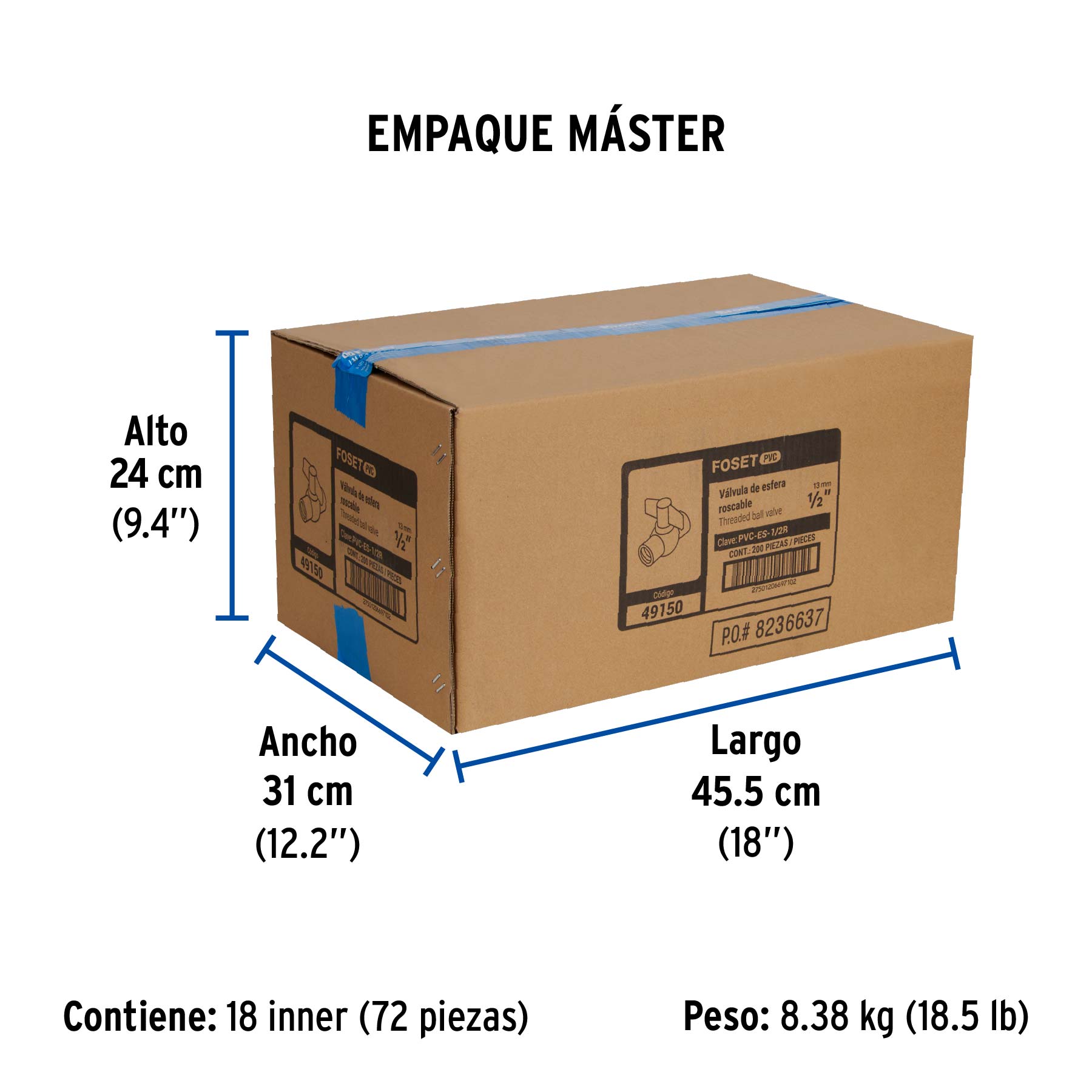 Válvula esfera de PVC 1/2" roscable, FOSET - Empaque