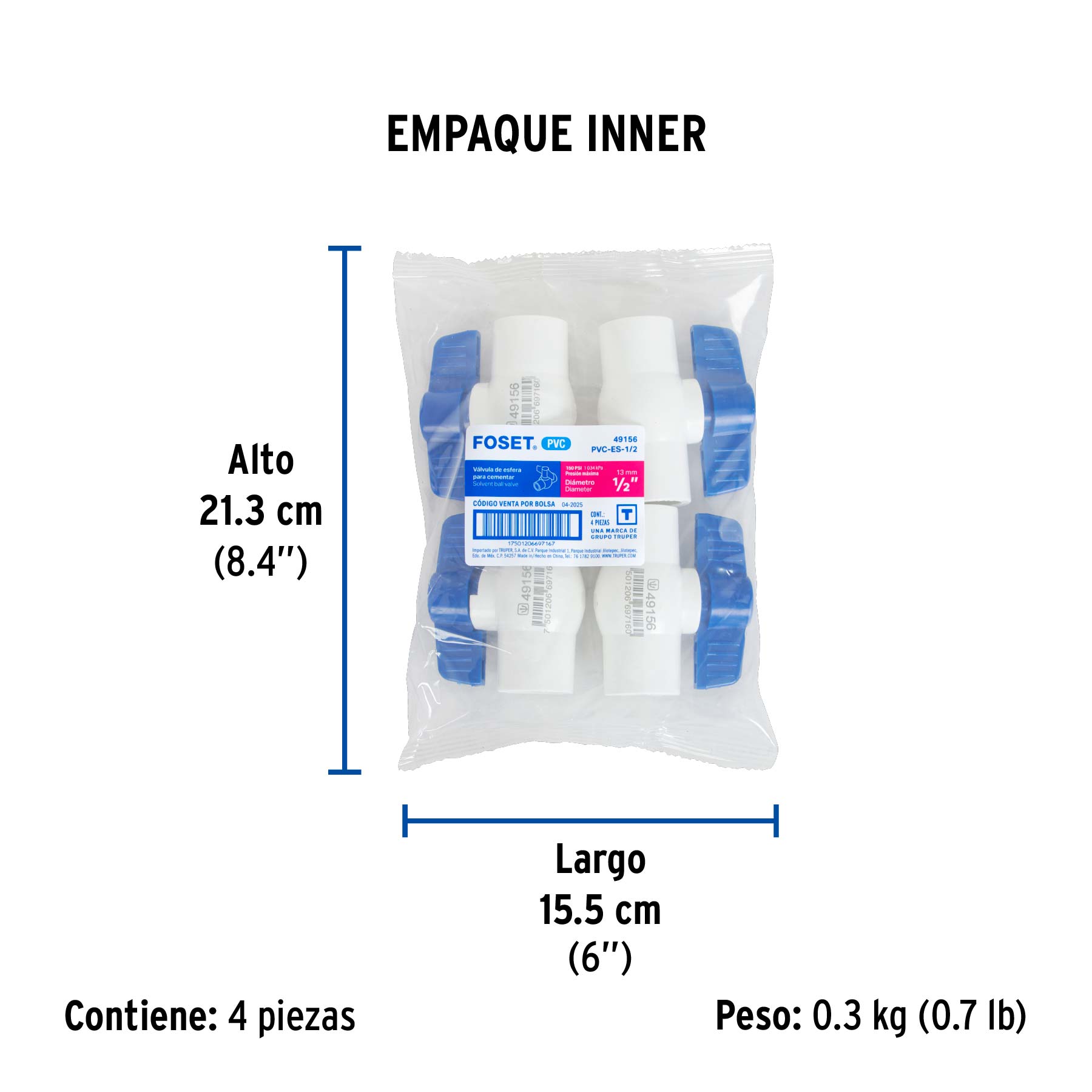 Válvula de esfera de PVC 1/2"para cementar, FOSET - Empaque
