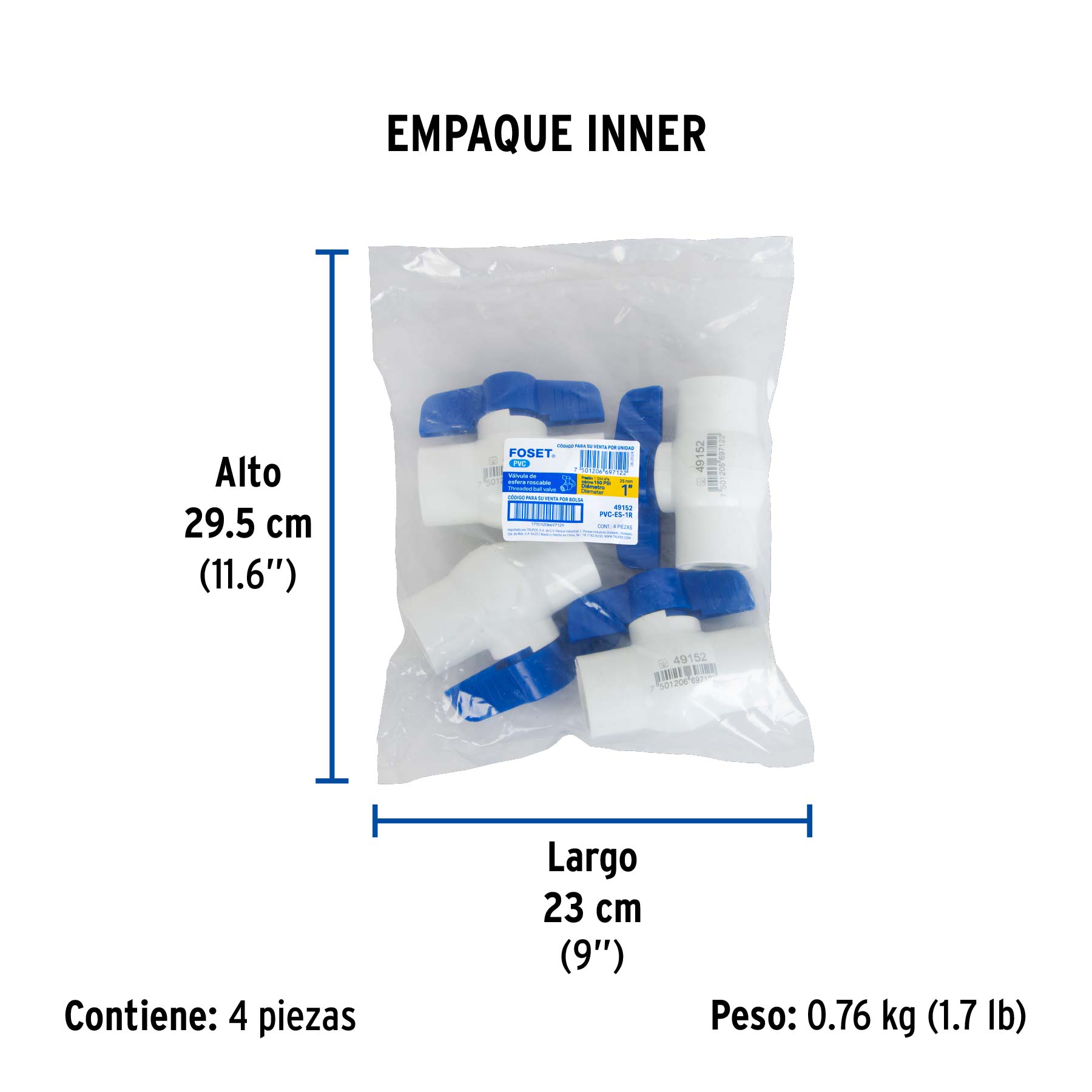Válvula esfera de PVC 1" roscable, FOSET - Empaque