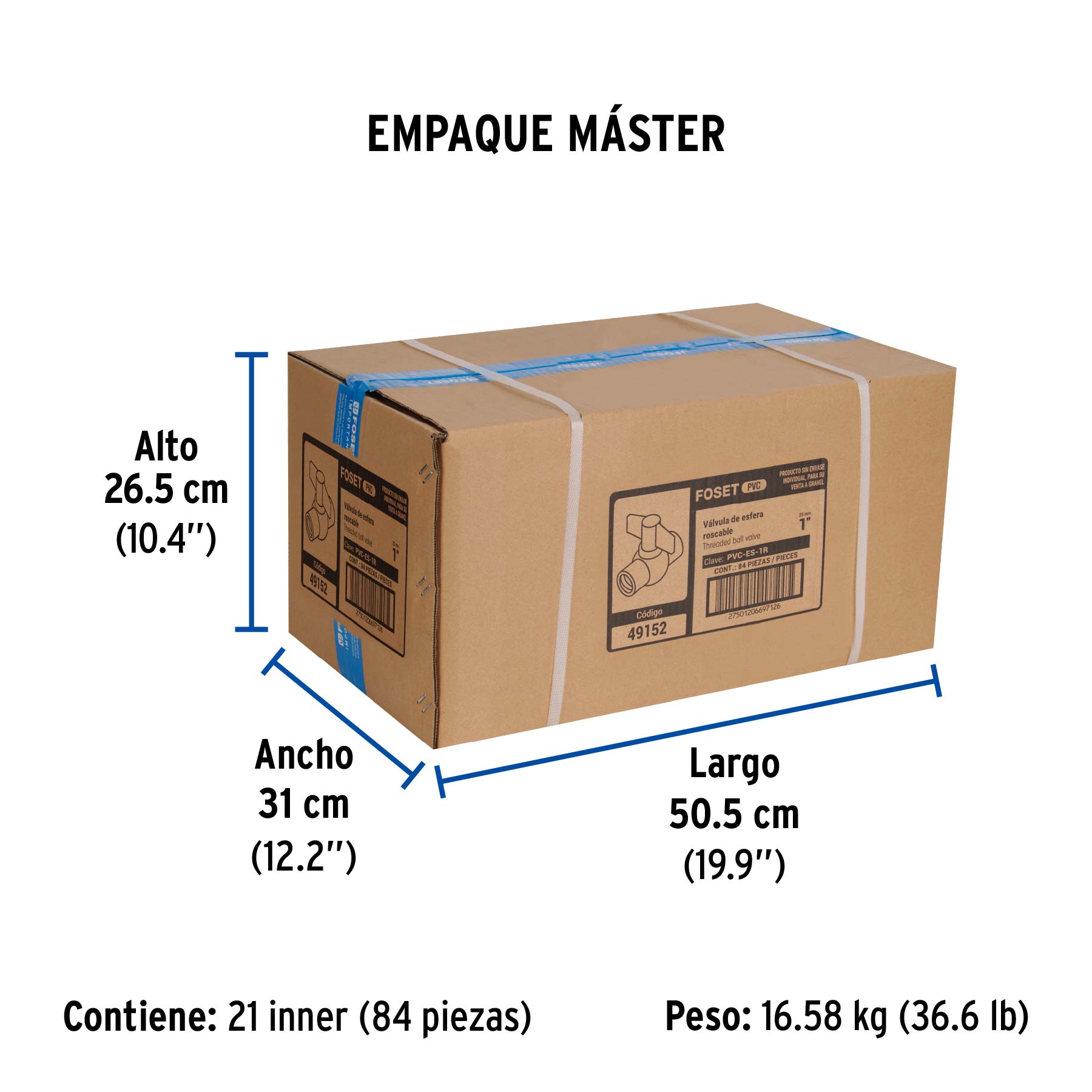 Válvula esfera de PVC 1" roscable, FOSET - Empaque