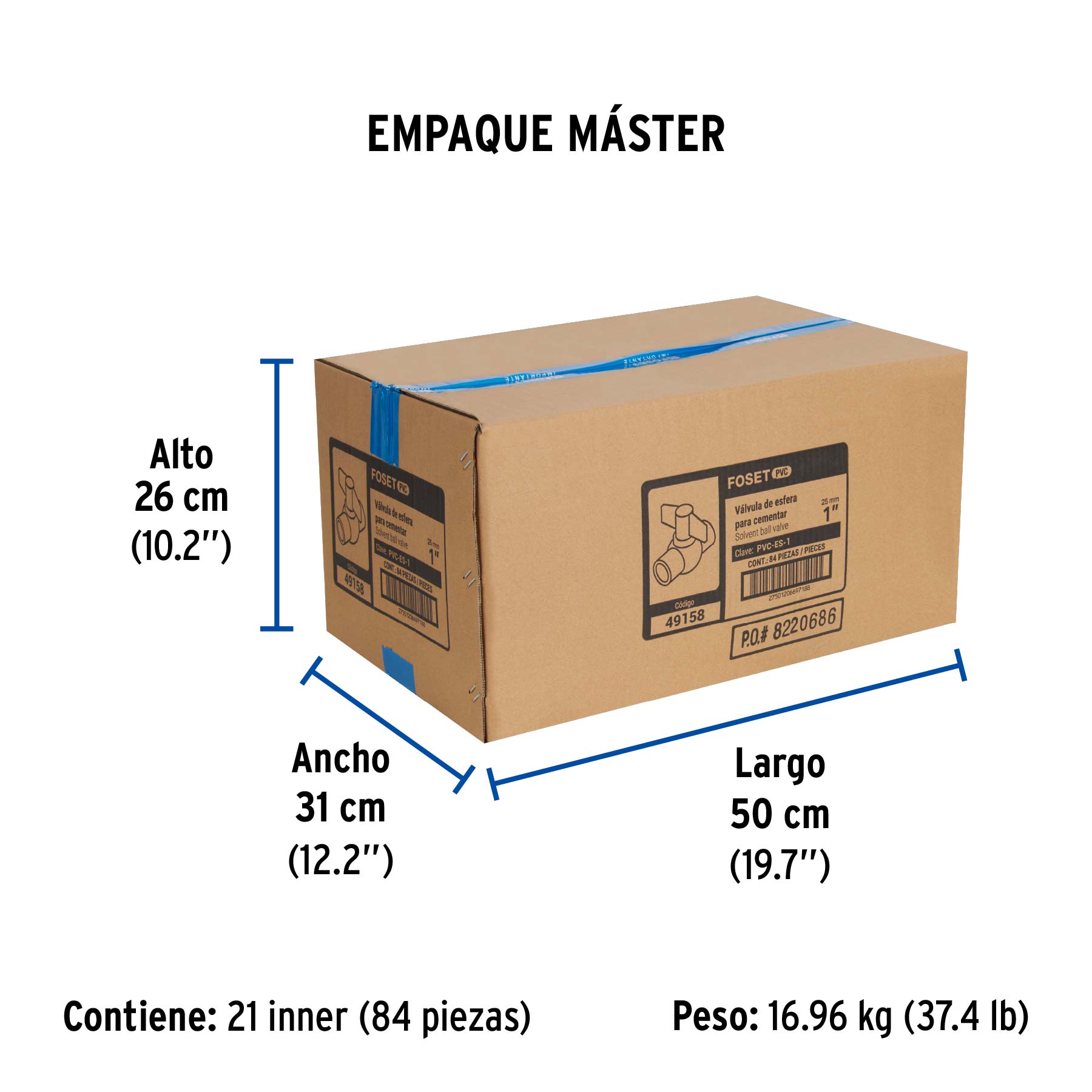 Válvula de esfera de PVC 1" para cementar, FOSET - Empaque