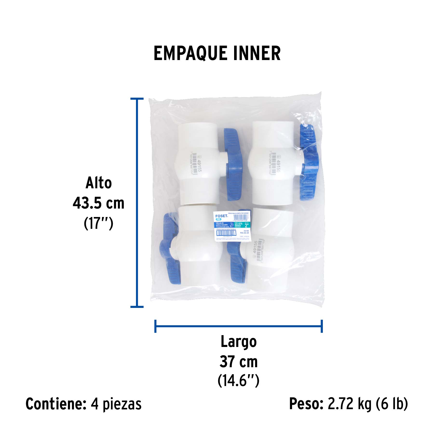 Válvula esfera de PVC 2" roscable, FOSET - Empaque