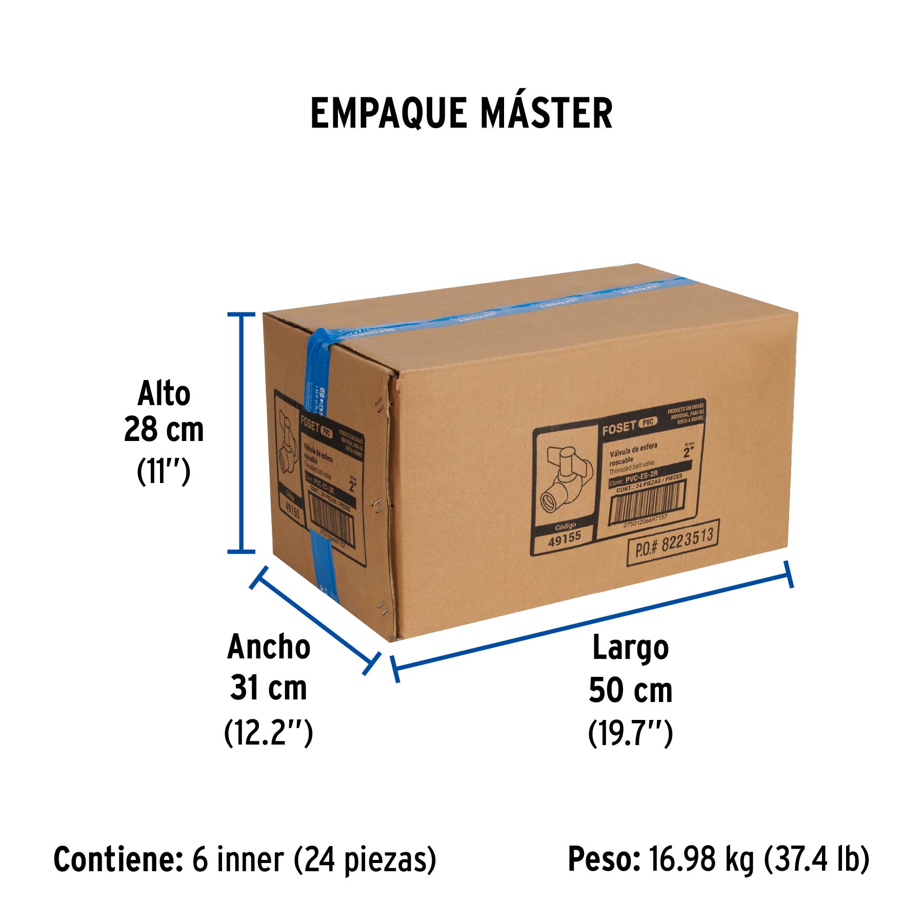 Válvula esfera de PVC 2" roscable, FOSET - Empaque