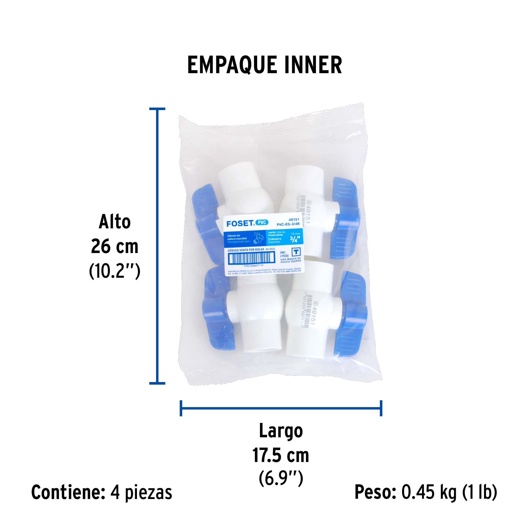 Válvula esfera de PVC 3/4" roscable, FOSET - Empaque