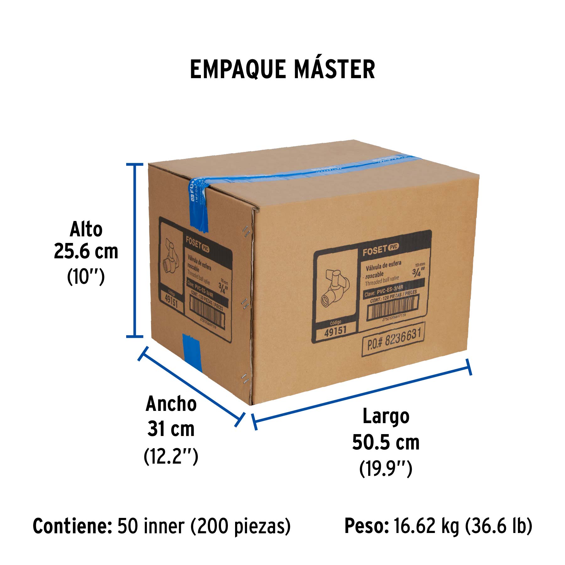 Válvula esfera de PVC 3/4" roscable, FOSET - Empaque