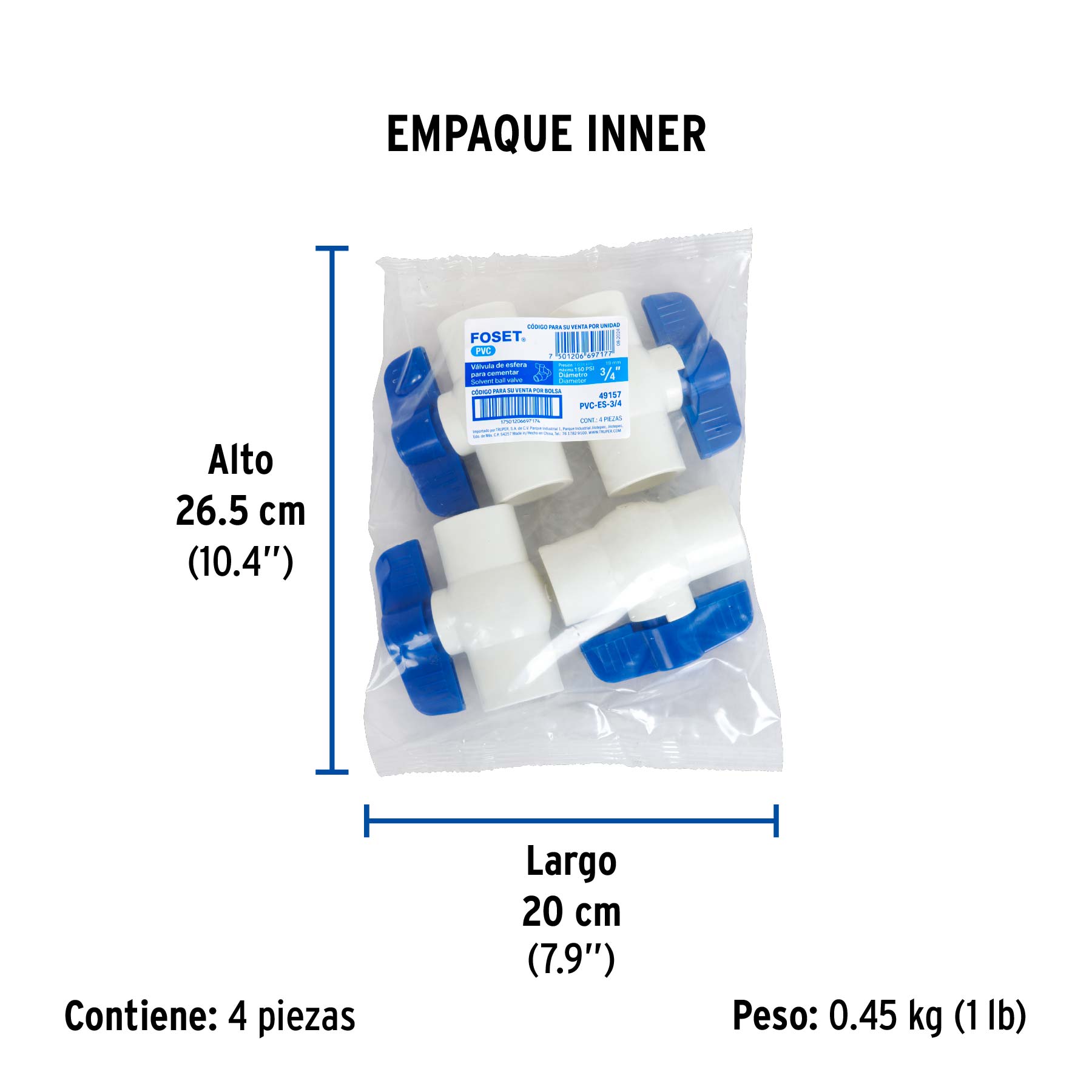 Válvula de esfera de PVC 3/4" para cementar, FOSET - Empaque
