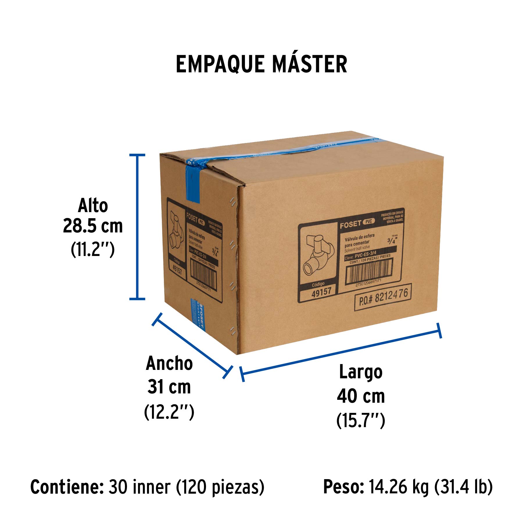 Válvula de esfera de PVC 3/4" para cementar, FOSET - Empaque