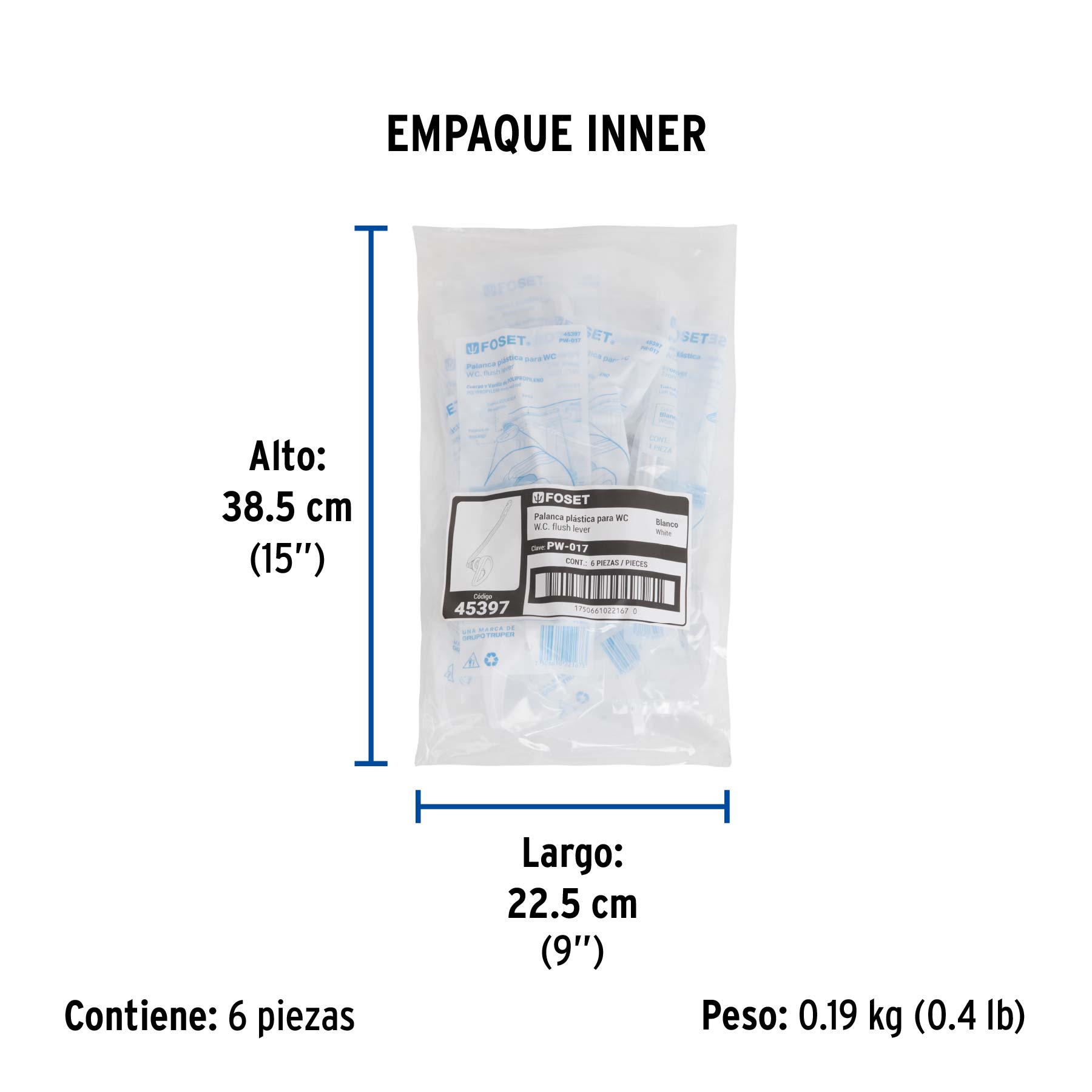 Palanca frontal plástica blanca para WC, FOSET - Empaque