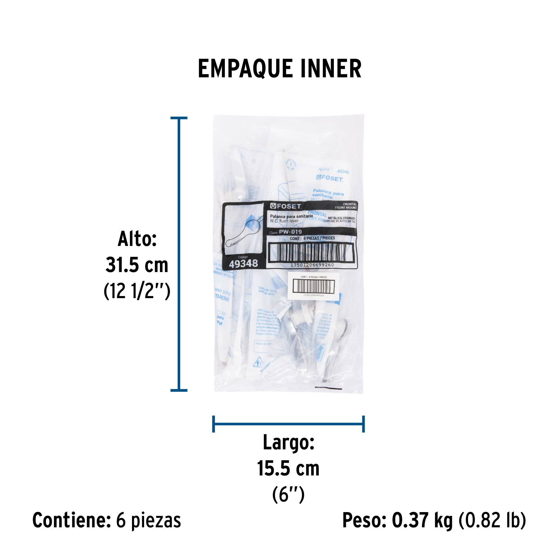 Palanca frontal metálica cromada para WC, FOSET - Empaque