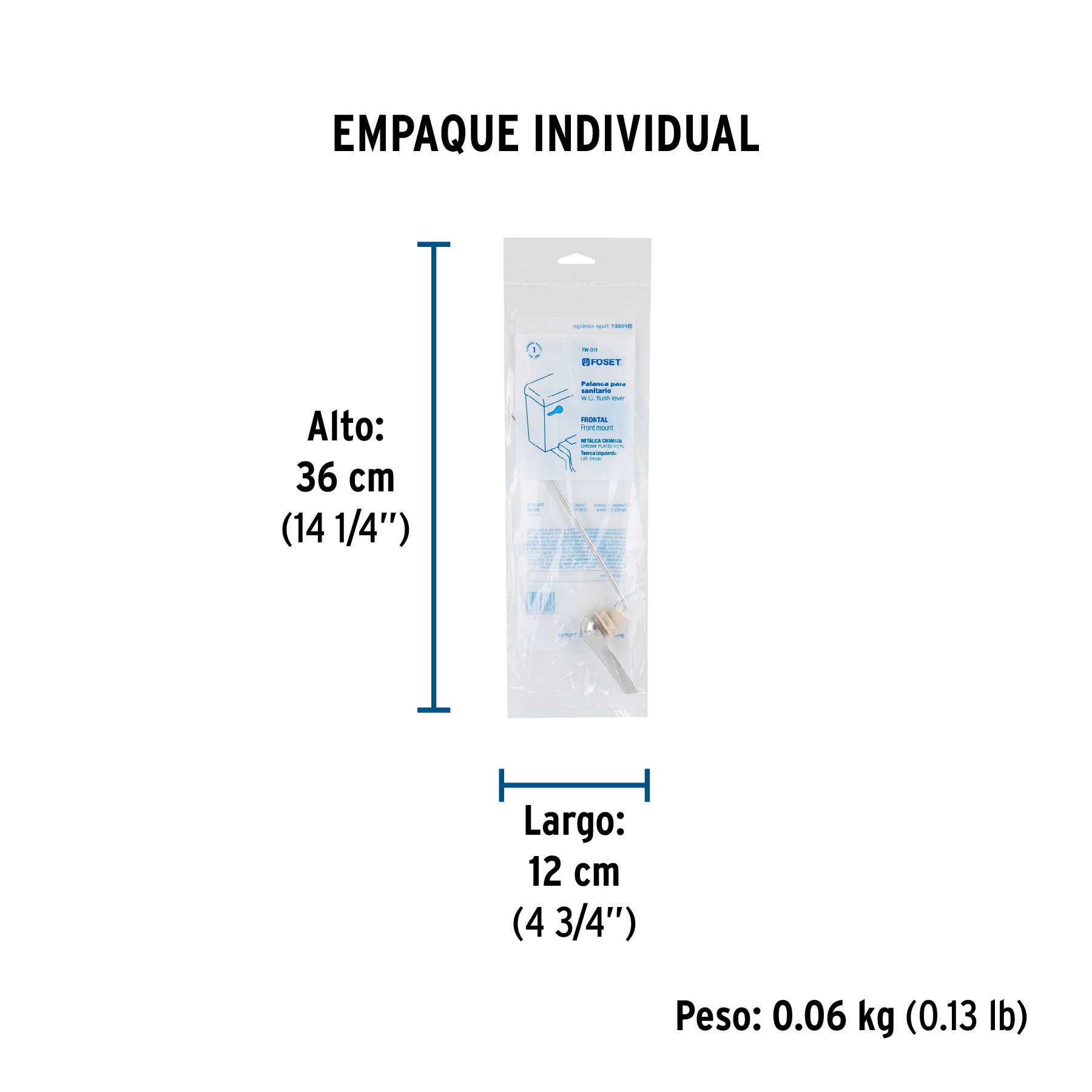 Palanca frontal metálica cromada para WC, FOSET - Empaque