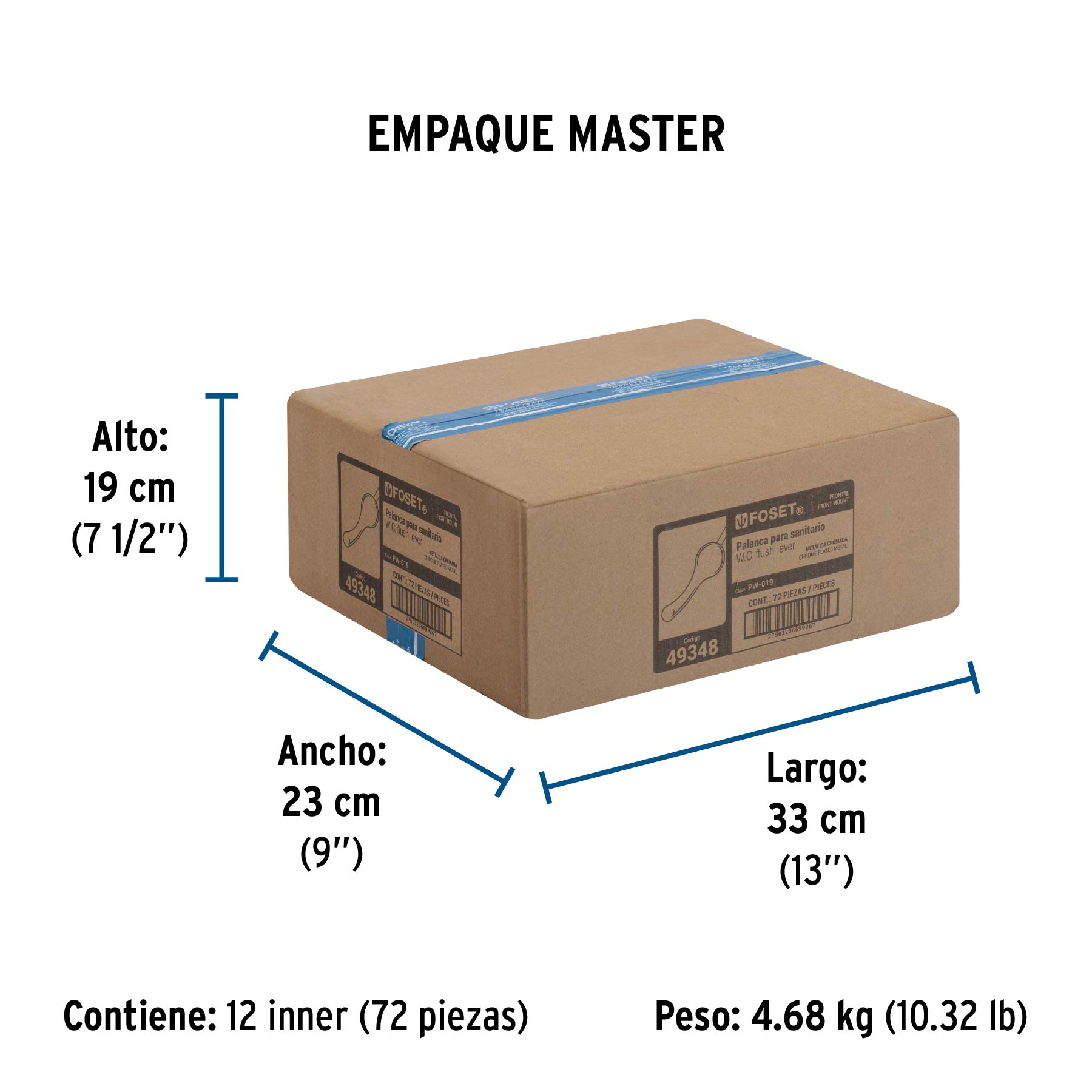 Palanca frontal metálica cromada para WC, FOSET - Empaque