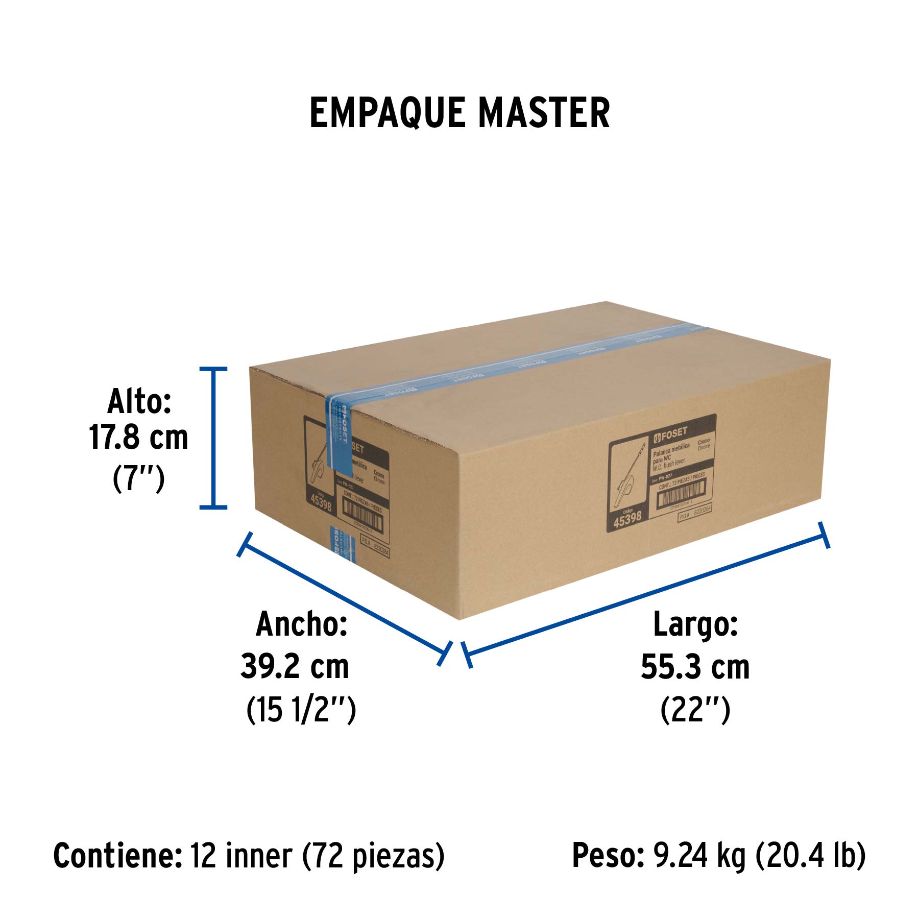 Palanca frontal metálica cromada robusta para WC, FOSET - Empaque