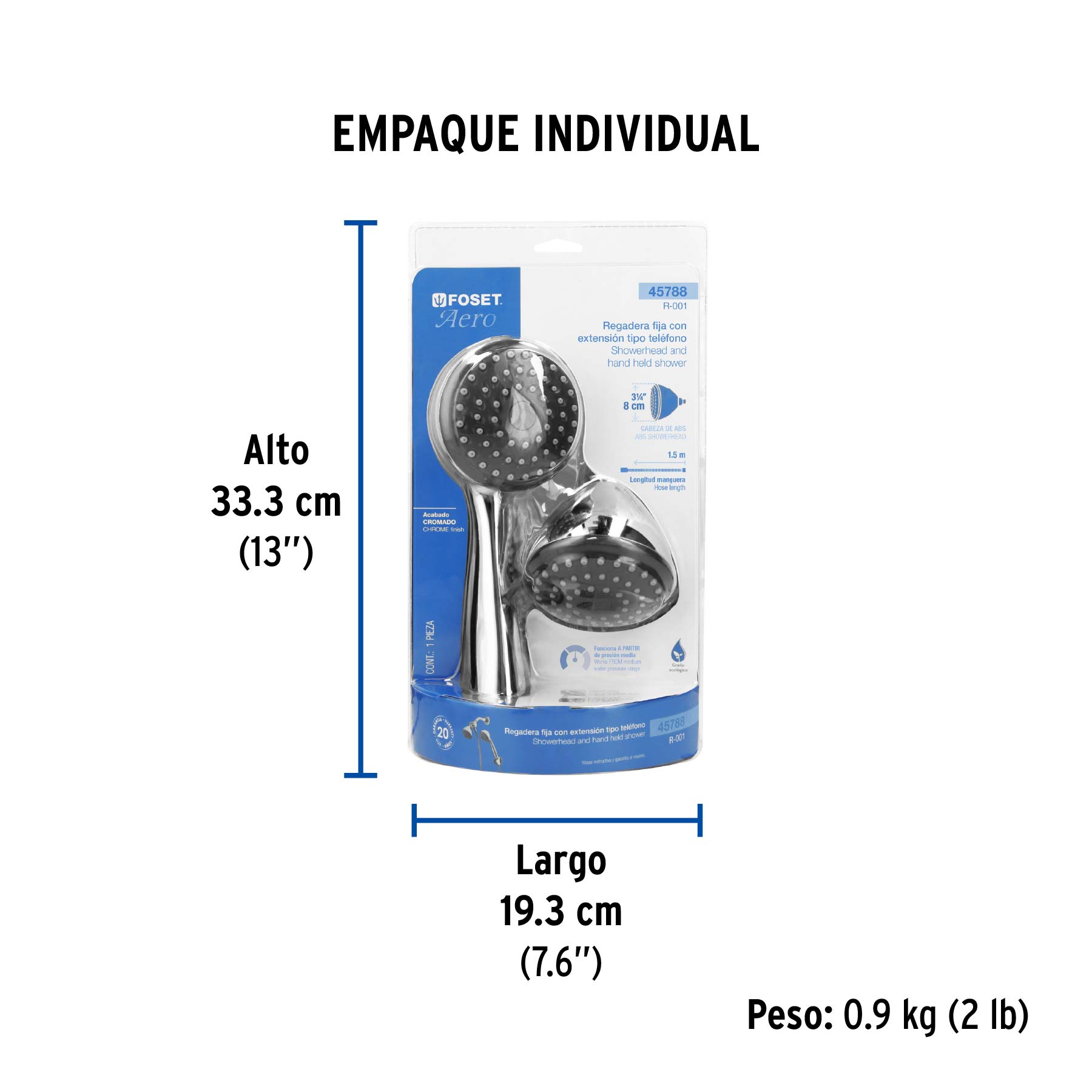 Regadera doble fija y teléfono 3-1/4", ABS, cromo, AERO - Empaque